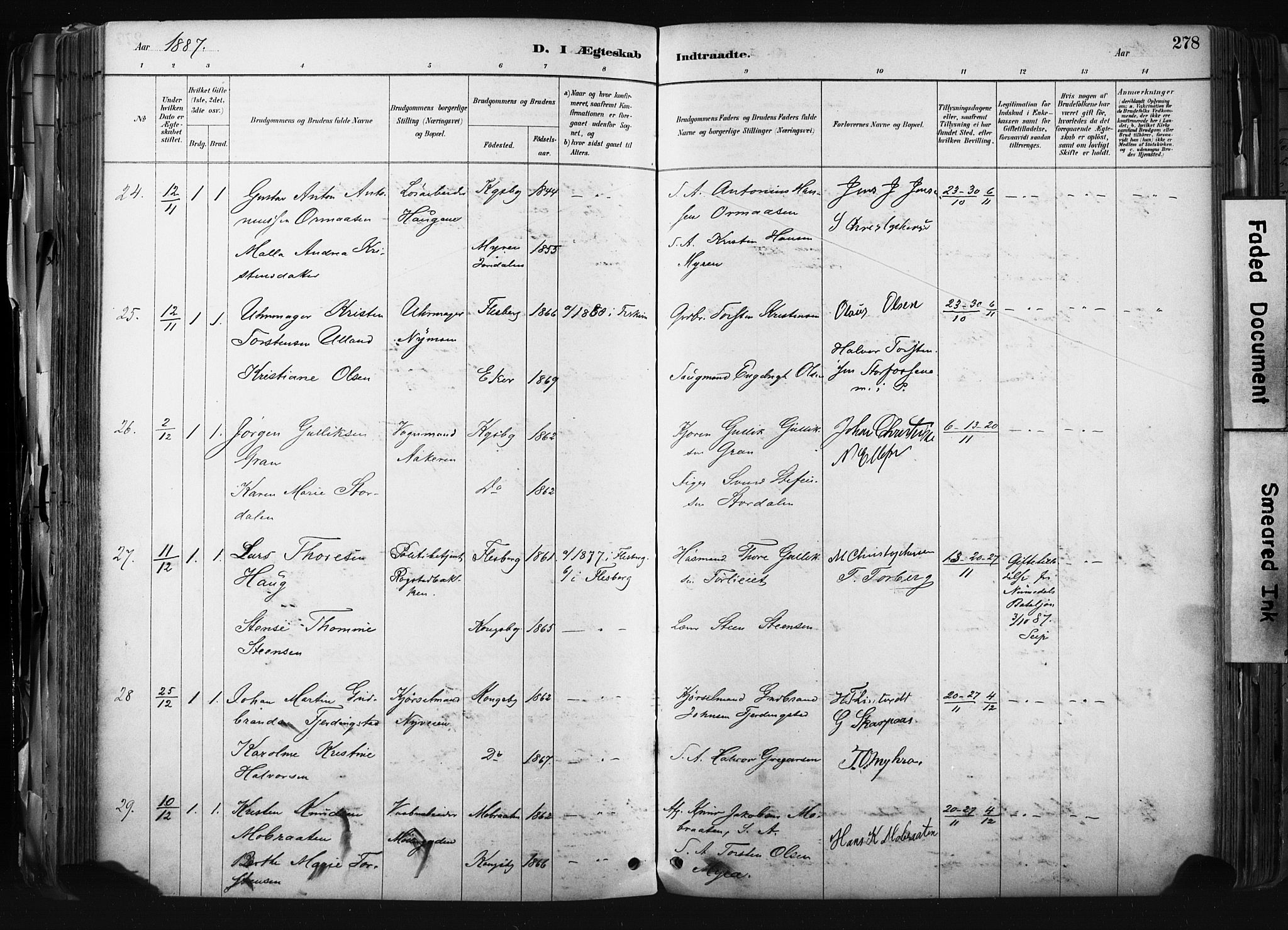 Kongsberg kirkebøker, AV/SAKO-A-22/F/Fb/L0002: Parish register (official) no. II 2, 1886-1896, p. 278