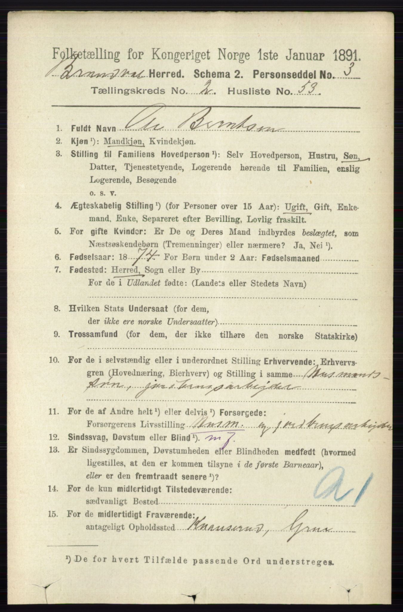 RA, 1891 census for 0422 Brandval, 1891, p. 1152