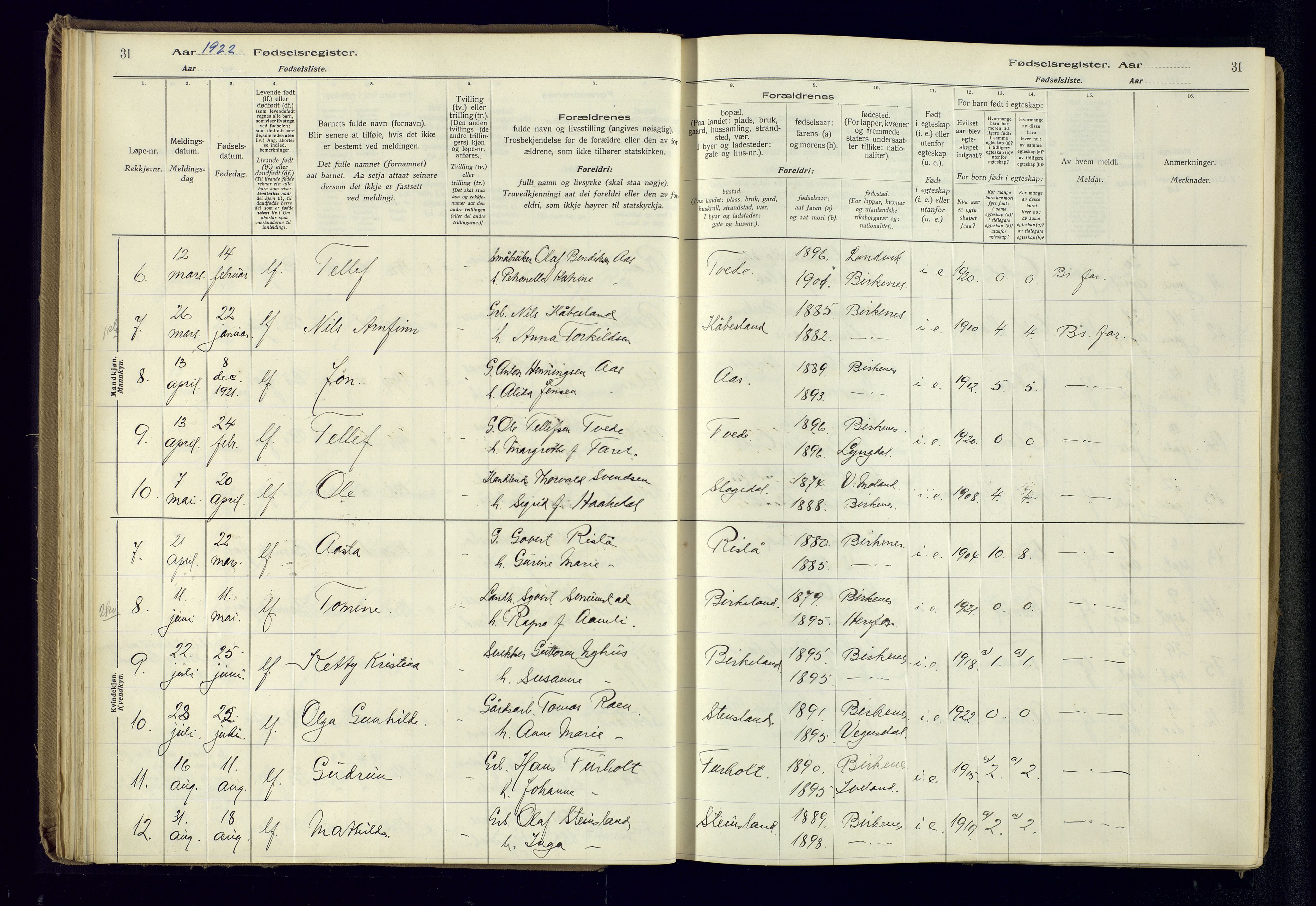 Birkenes sokneprestkontor, AV/SAK-1111-0004/J/Ja/L0001: Birth register no. II.6.4, 1916-1962, p. 31