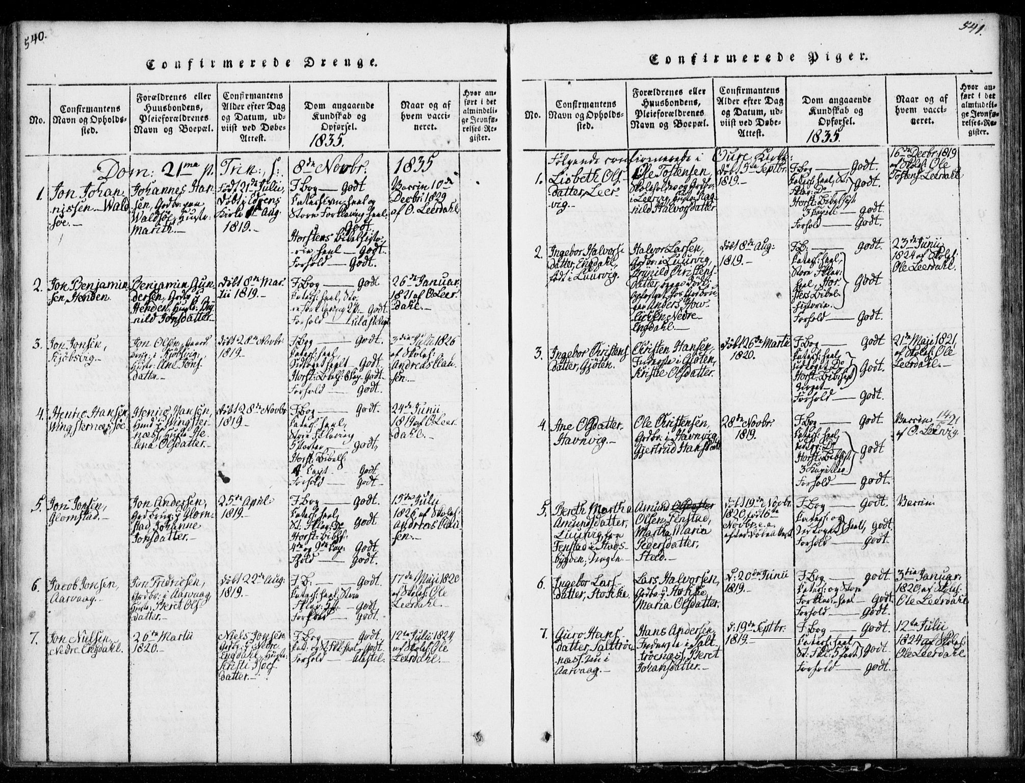 Ministerialprotokoller, klokkerbøker og fødselsregistre - Møre og Romsdal, SAT/A-1454/578/L0903: Parish register (official) no. 578A02, 1819-1838, p. 540-541