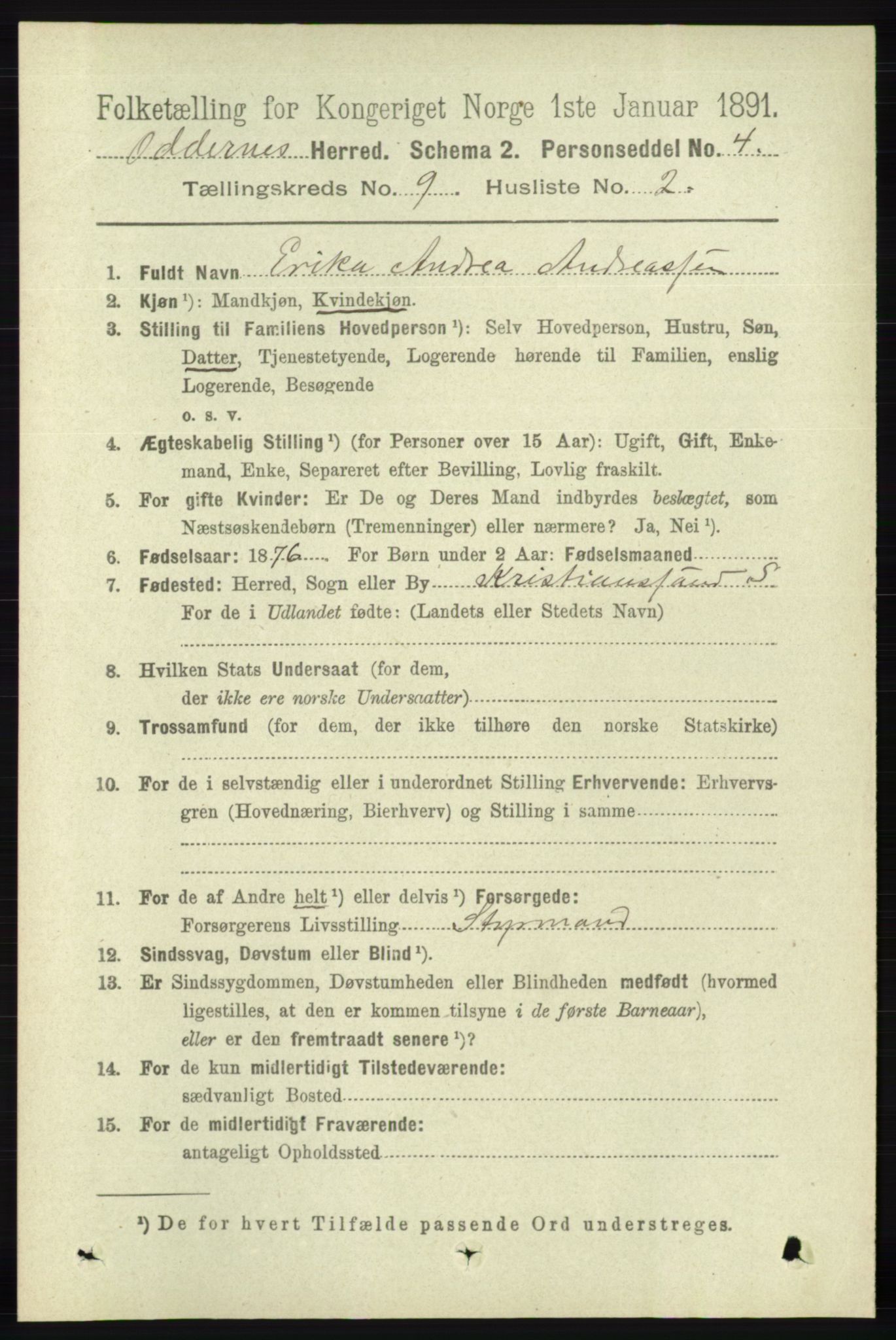 RA, 1891 census for 1012 Oddernes, 1891, p. 3271