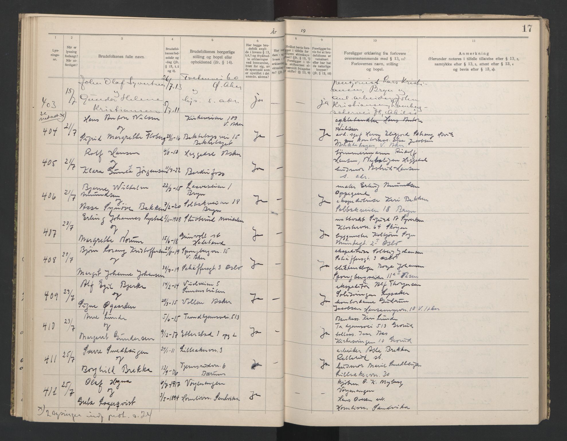 Aker sorenskriveri, AV/SAO-A-10895/L/Lb/L0002: Lysningsbok, 1942-1943, p. 17