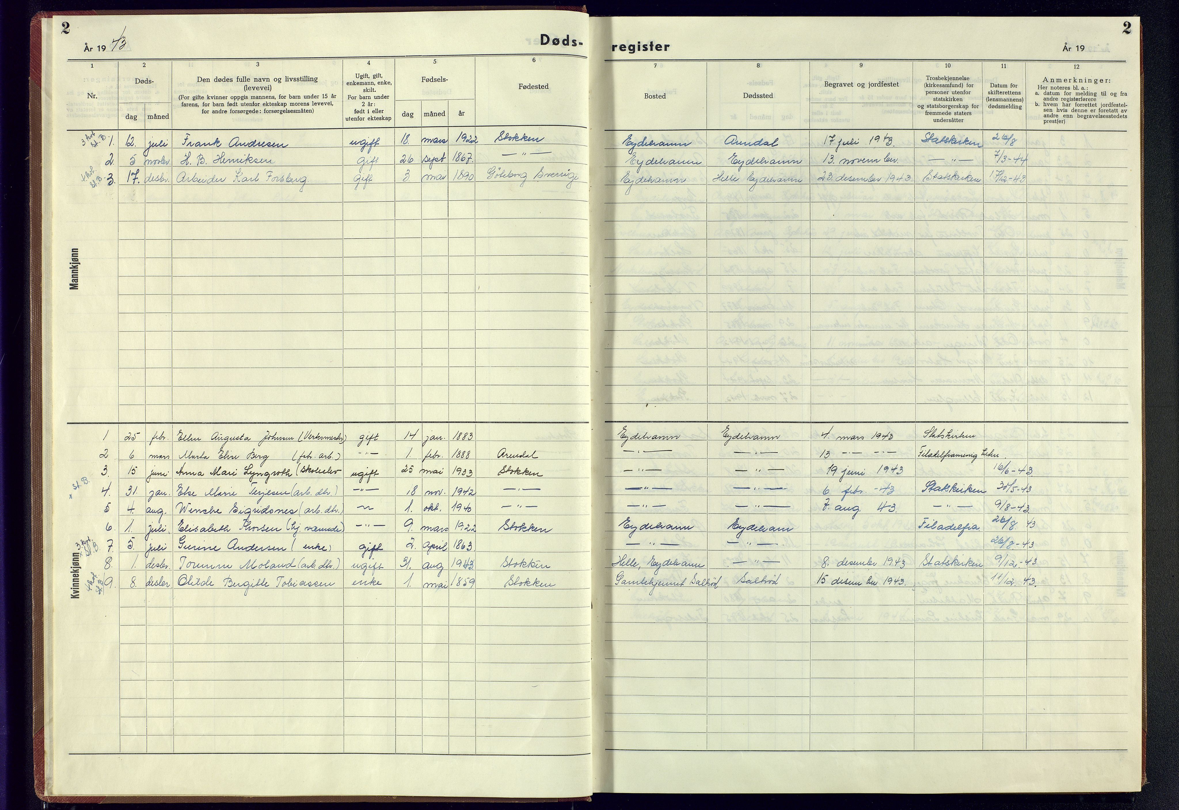 Austre Moland sokneprestkontor, AV/SAK-1111-0001/J/Jb/L0005: A-VI-21 - Dødsfallsregister Stokken, 1942-1945, p. 2