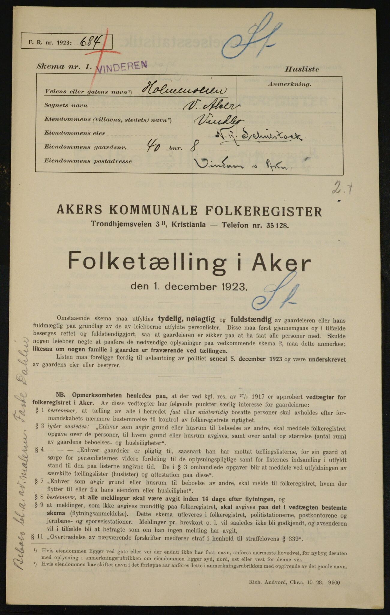 , Municipal Census 1923 for Aker, 1923, p. 11622