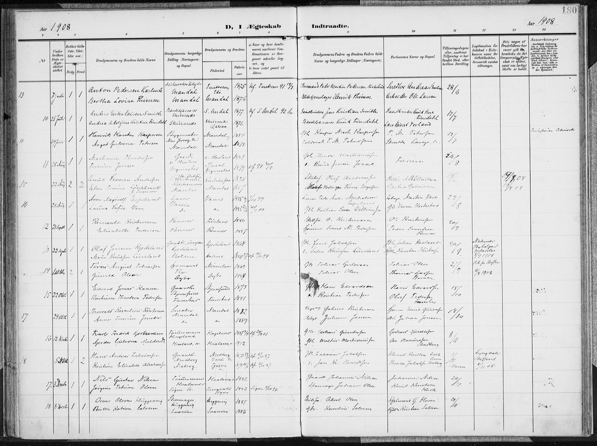 Mandal sokneprestkontor, AV/SAK-1111-0030/F/Fa/Faa/L0020: Parish register (official) no. A 20, 1906-1912, p. 180