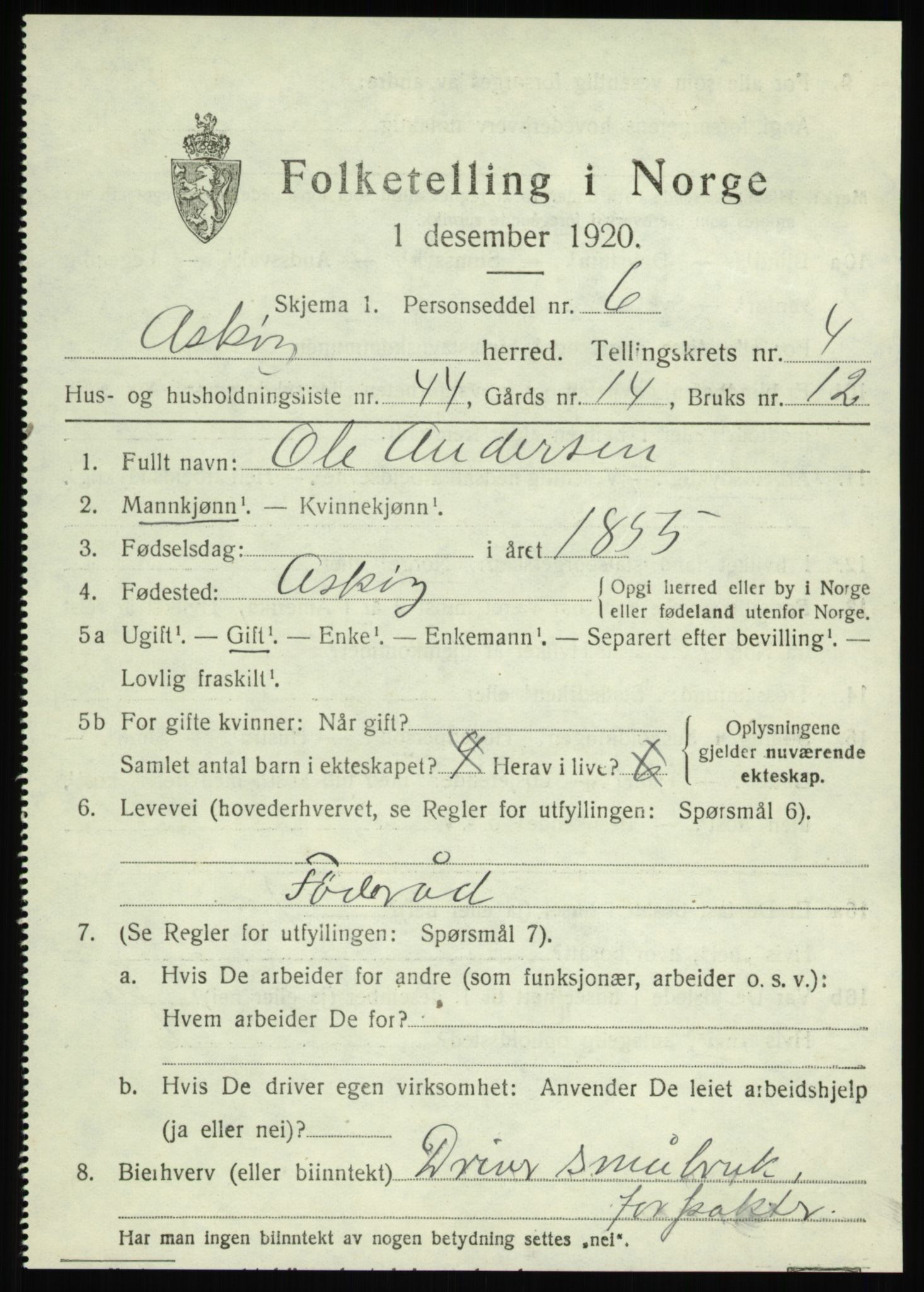 SAB, 1920 census for Askøy, 1920, p. 8172