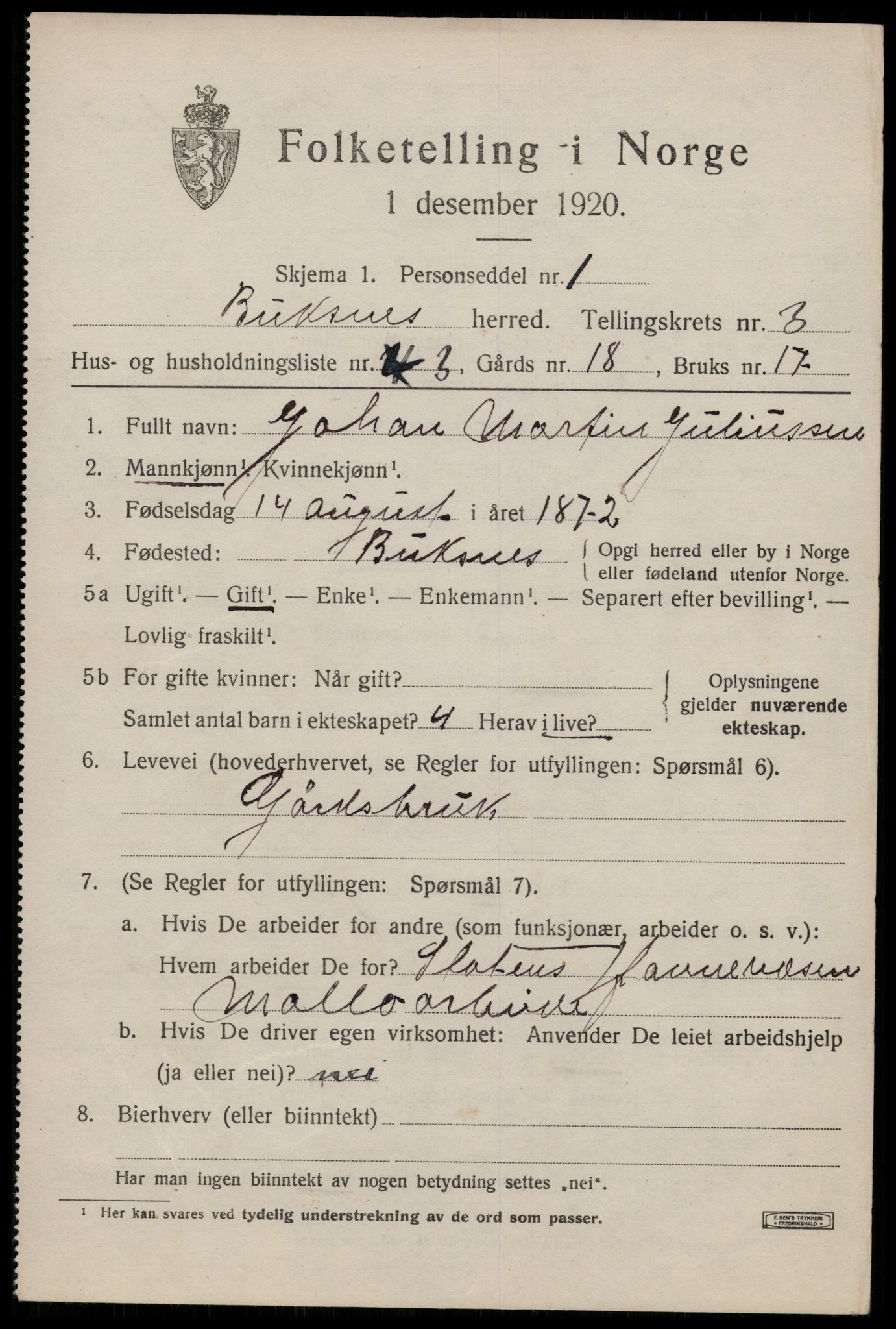 SAT, 1920 census for Buksnes, 1920, p. 3407