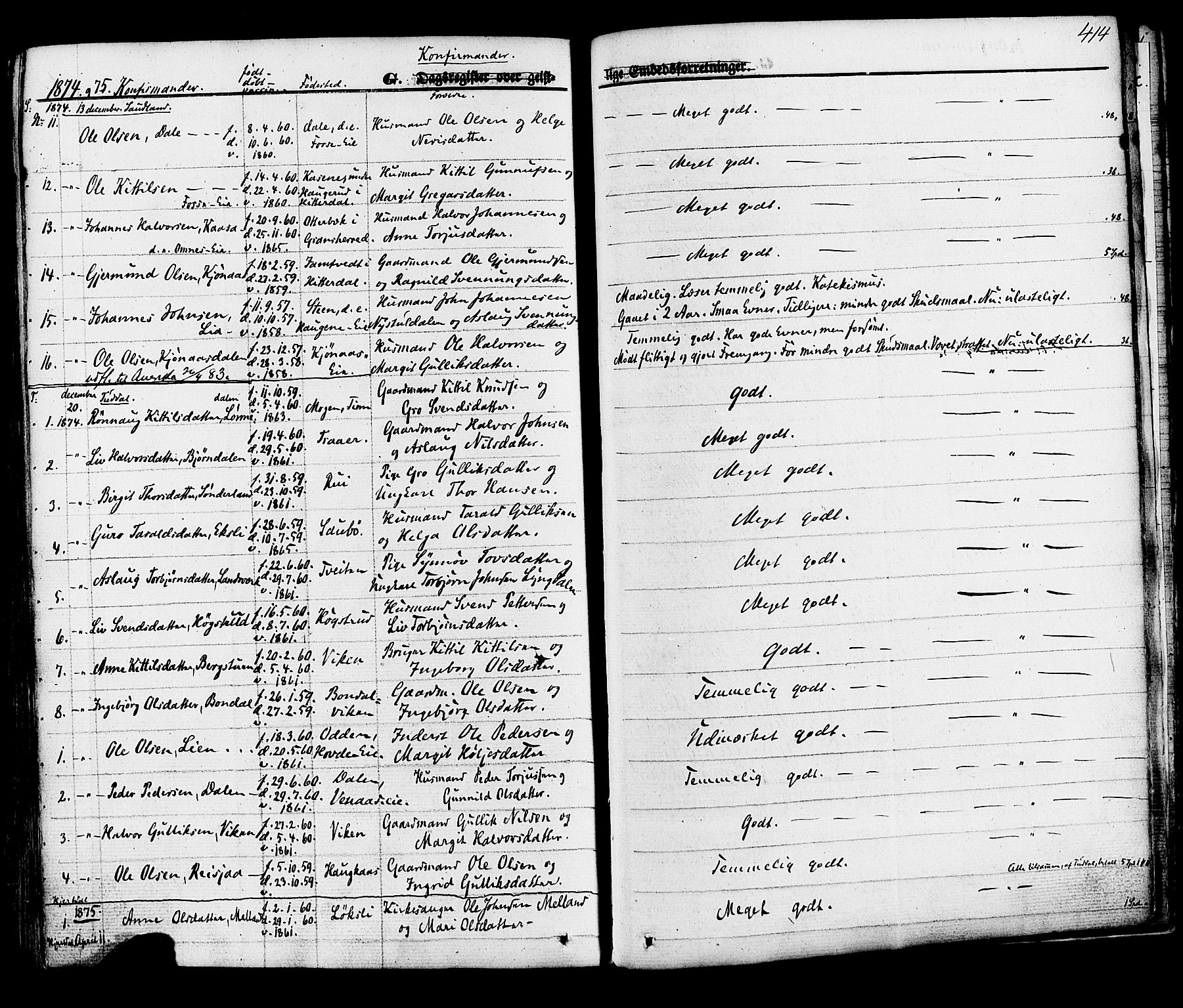 Hjartdal kirkebøker, SAKO/A-270/F/Fa/L0009: Parish register (official) no. I 9, 1860-1879, p. 414