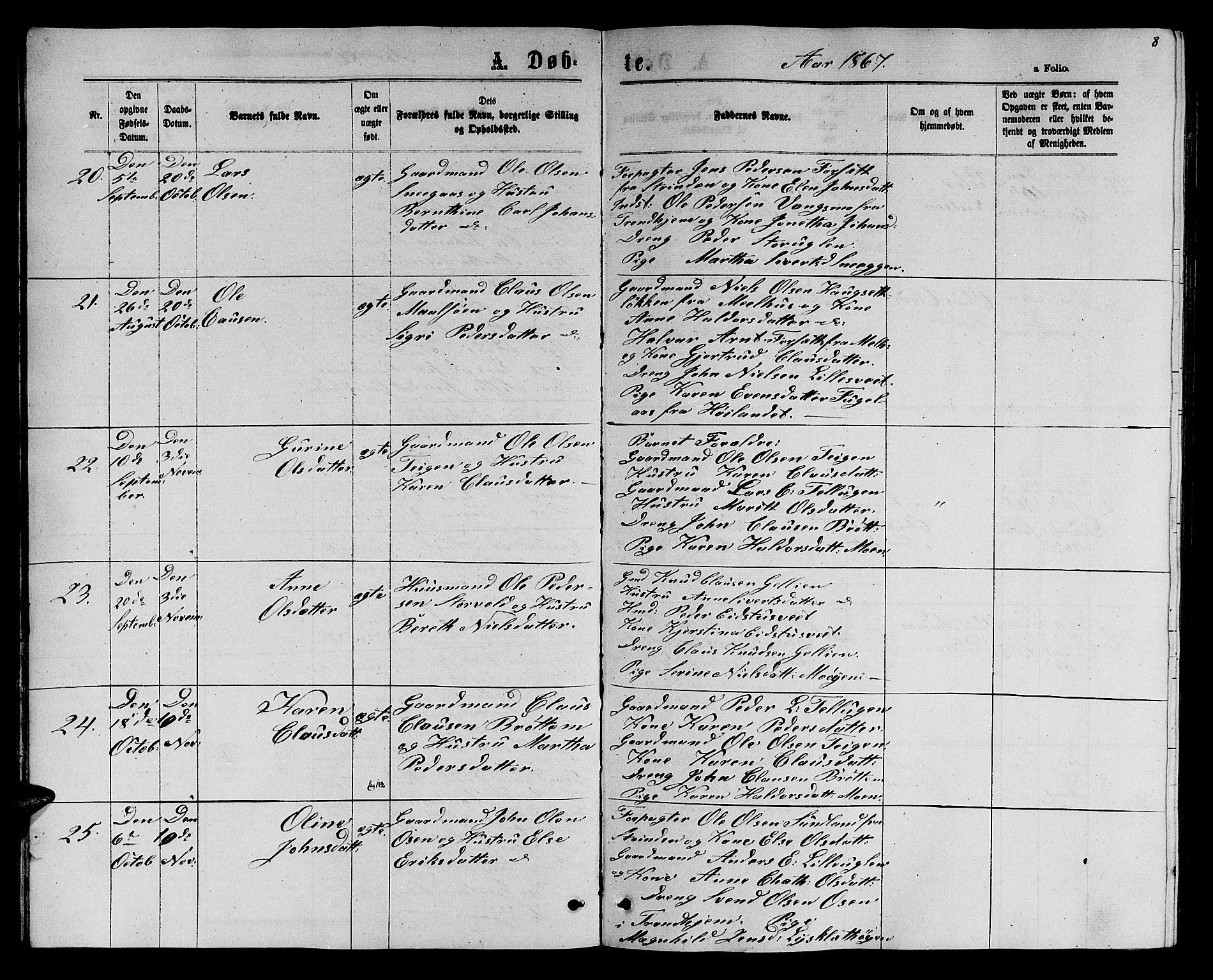 Ministerialprotokoller, klokkerbøker og fødselsregistre - Sør-Trøndelag, SAT/A-1456/618/L0451: Parish register (copy) no. 618C02, 1865-1883, p. 8