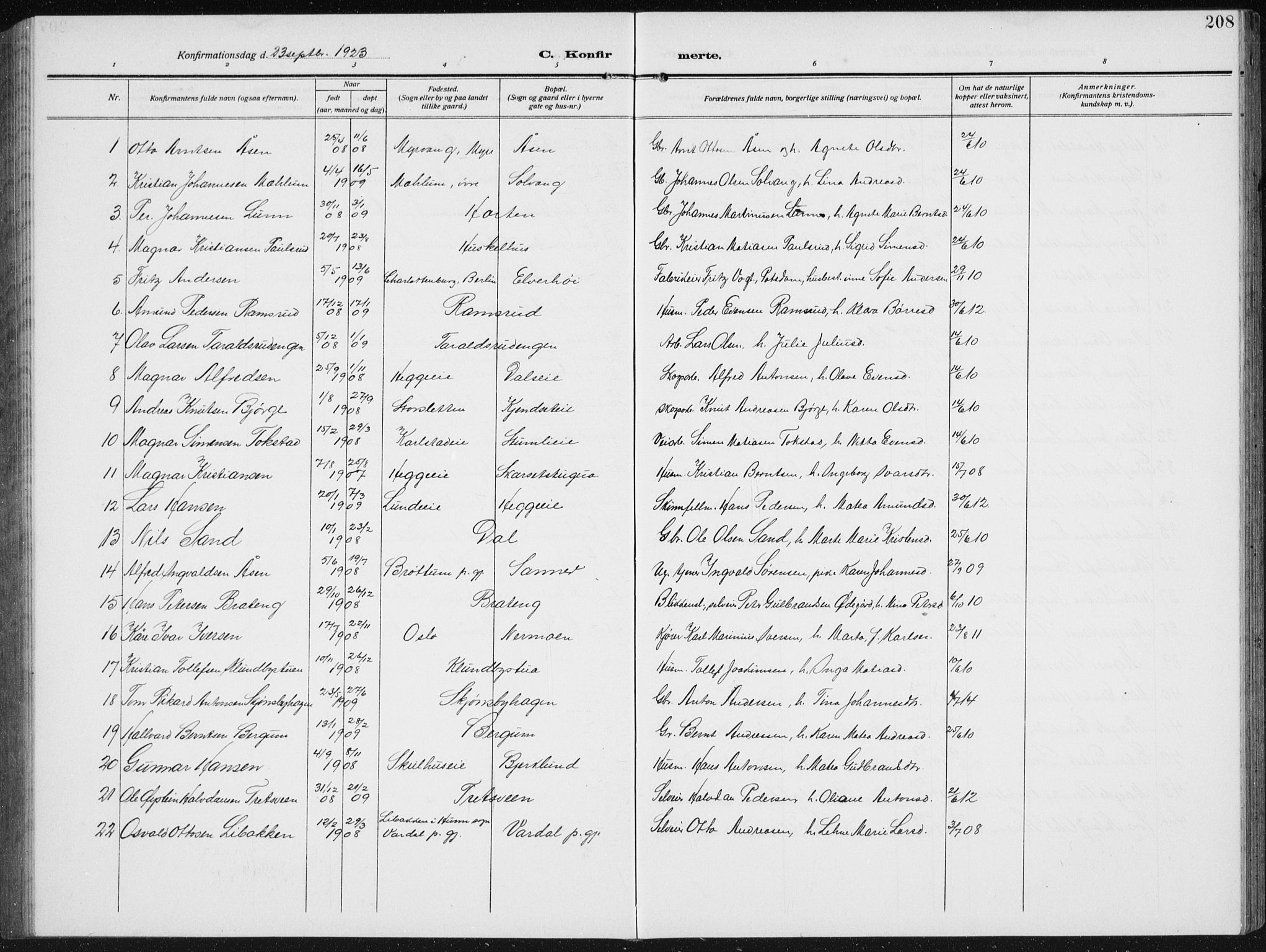 Biri prestekontor, SAH/PREST-096/H/Ha/Hab/L0006: Parish register (copy) no. 6, 1909-1938, p. 208