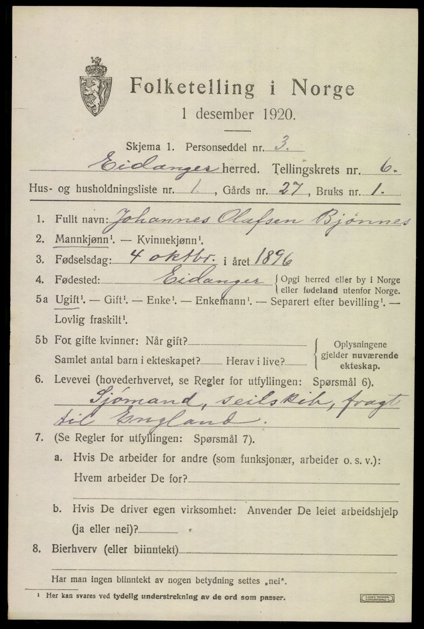 SAKO, 1920 census for Eidanger, 1920, p. 5116