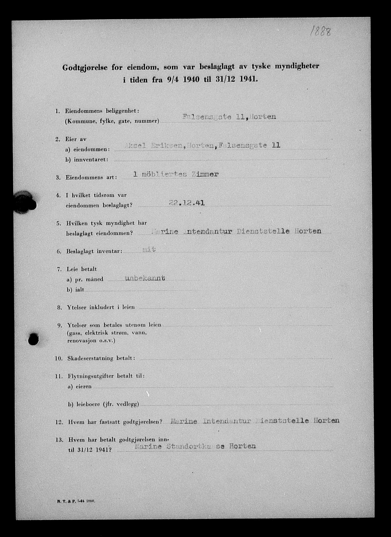 Justisdepartementet, Tilbakeføringskontoret for inndratte formuer, AV/RA-S-1564/I/L1012: Godtgjørelse for beslaglagt eiendom, 1940-1941, p. 439