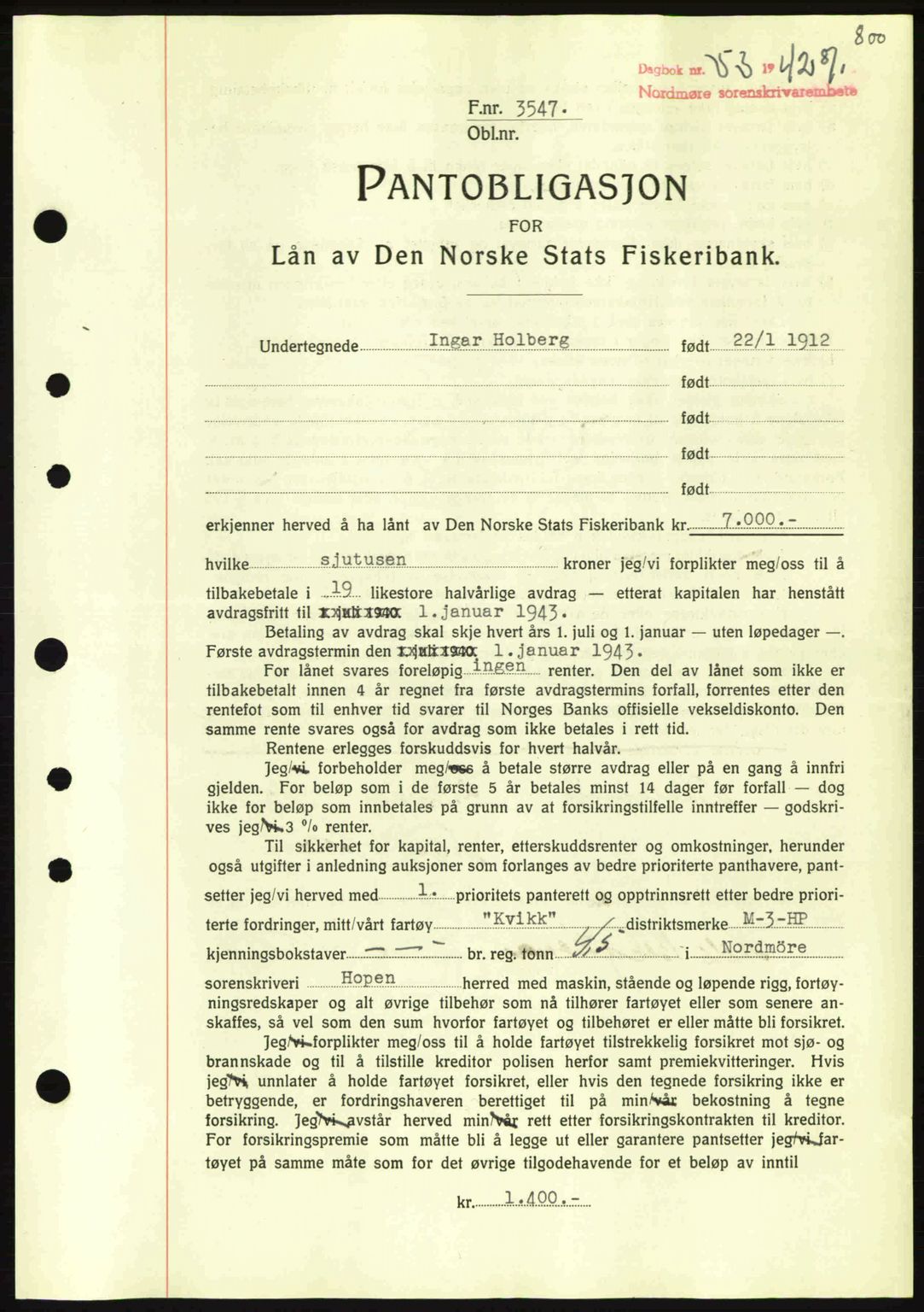 Nordmøre sorenskriveri, SAT/A-4132/1/2/2Ca: Mortgage book no. B88, 1941-1942, Diary no: : 53/1942
