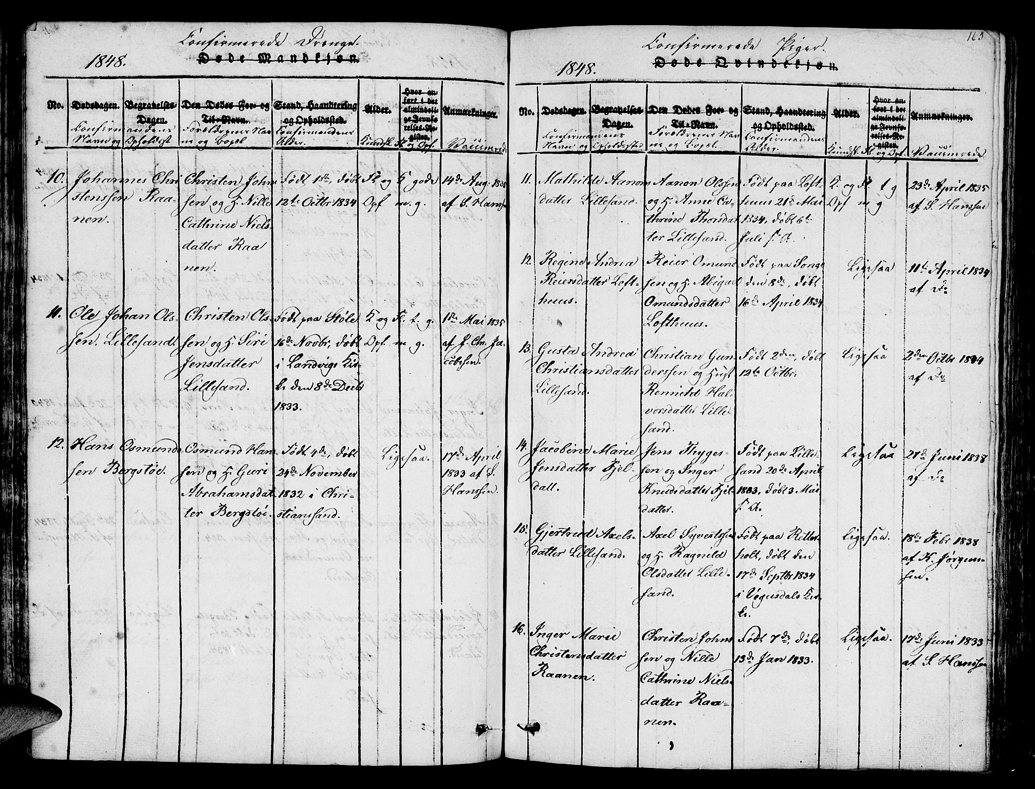 Vestre Moland sokneprestkontor, SAK/1111-0046/F/Fb/Fbb/L0001: Parish register (copy) no. B 1, 1816-1851, p. 165