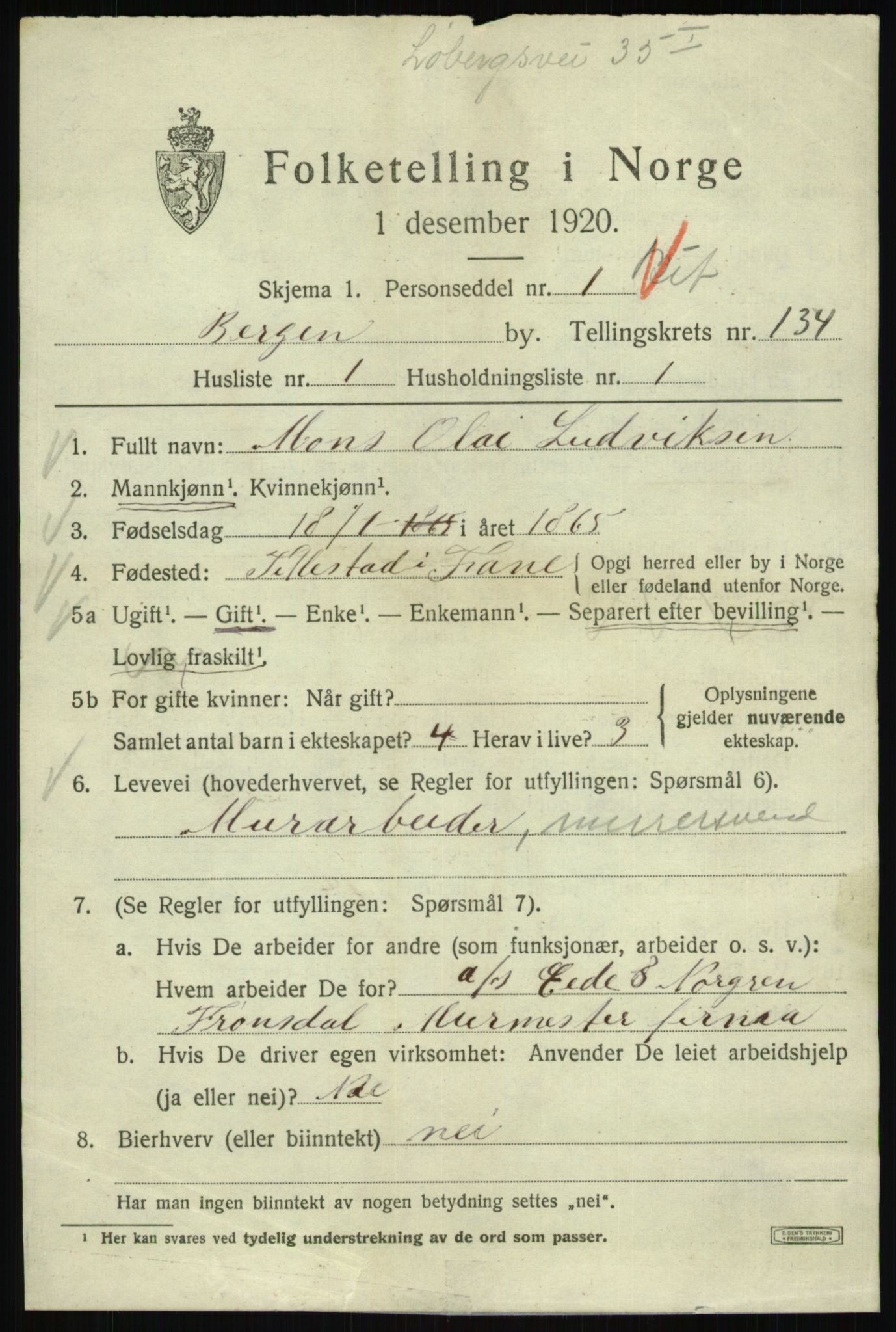 SAB, 1920 census for Bergen, 1920, p. 225013