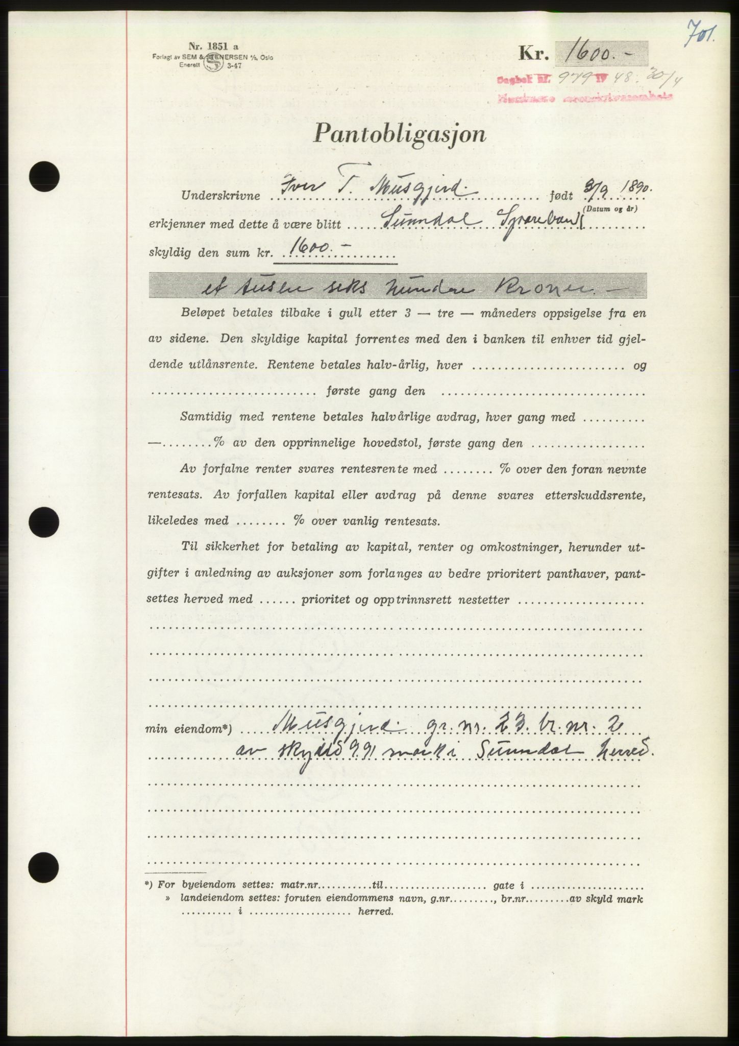 Nordmøre sorenskriveri, AV/SAT-A-4132/1/2/2Ca: Mortgage book no. B98, 1948-1948, Diary no: : 979/1948