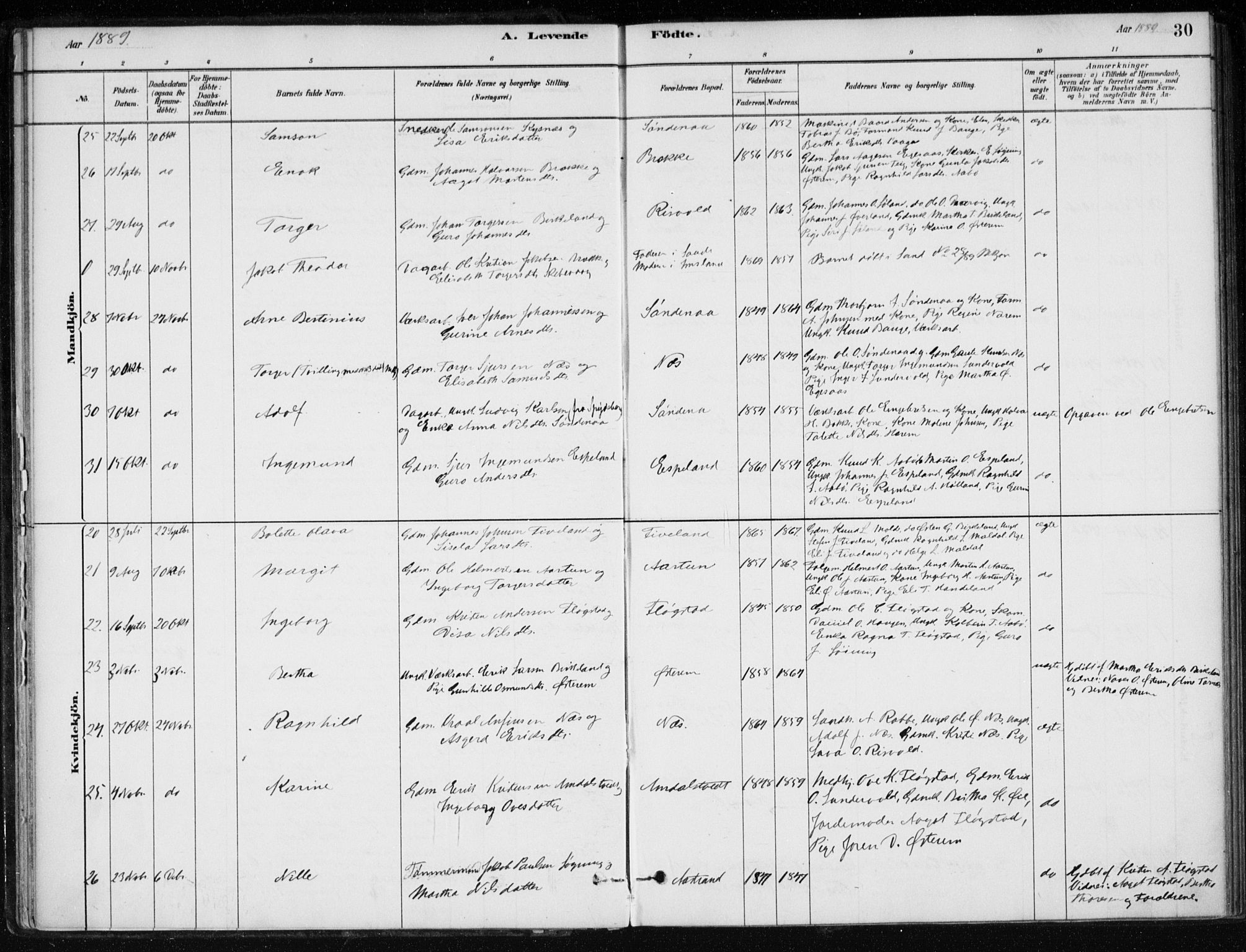 Sand sokneprestkontor, AV/SAST-A-101848/01/III/L0006: Parish register (official) no. A 6, 1880-1898, p. 30