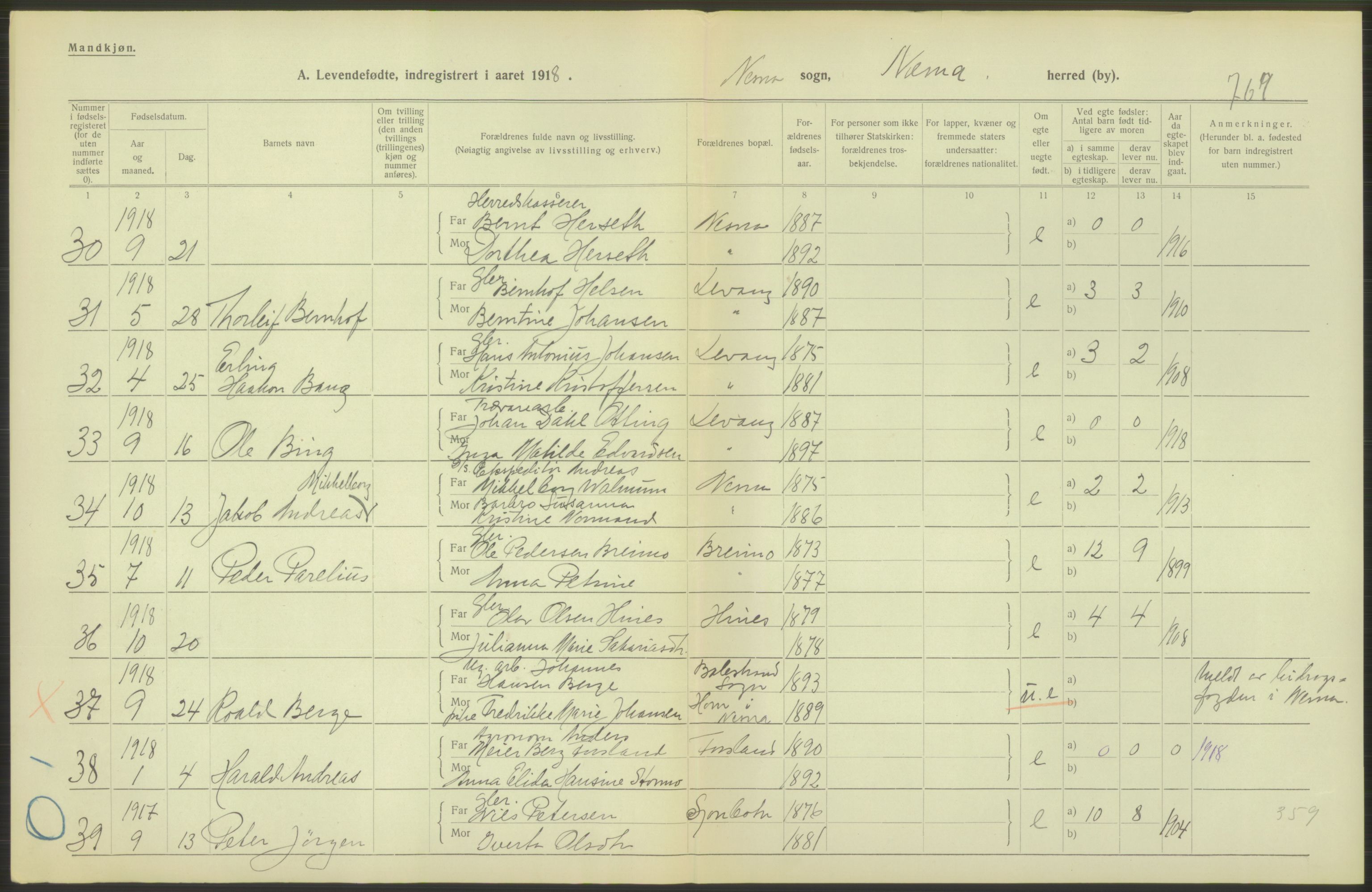 Statistisk sentralbyrå, Sosiodemografiske emner, Befolkning, AV/RA-S-2228/D/Df/Dfb/Dfbh/L0052: Nordland fylke: Levendefødte menn og kvinner. Bygder., 1918, p. 118