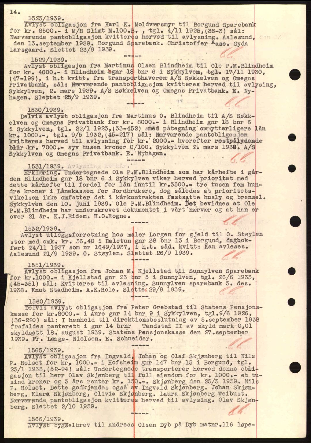 Nordre Sunnmøre sorenskriveri, SAT/A-0006/1/2/2C/2Ca: Mortgage book no. B1-6, 1938-1942, Diary no: : 1423/1939