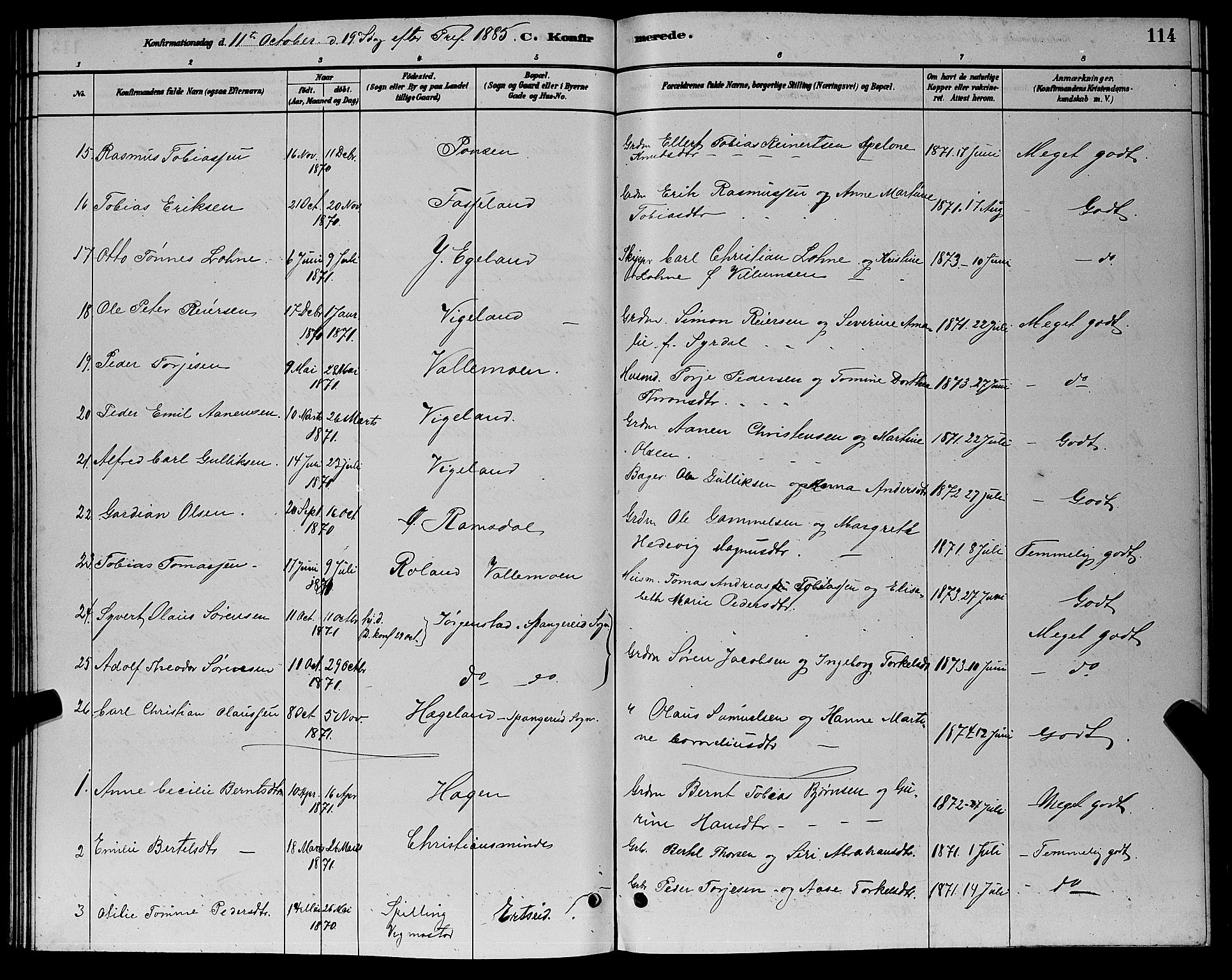 Sør-Audnedal sokneprestkontor, AV/SAK-1111-0039/F/Fb/Fbb/L0005: Parish register (copy) no. B 5, 1880-1892, p. 114