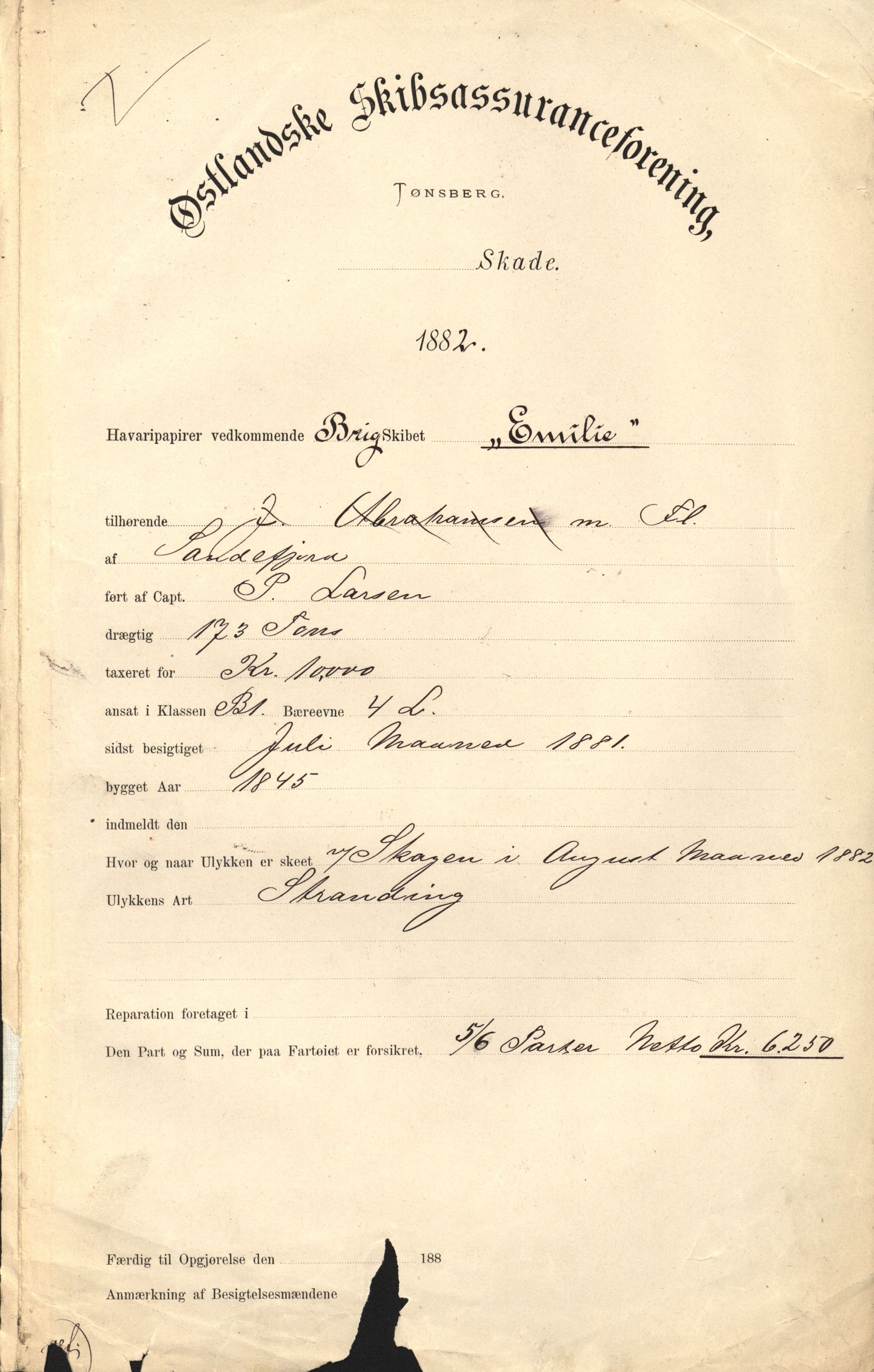Pa 63 - Østlandske skibsassuranceforening, VEMU/A-1079/G/Ga/L0014/0013: Havaridokumenter / Heros, Emilie, 1882, p. 4