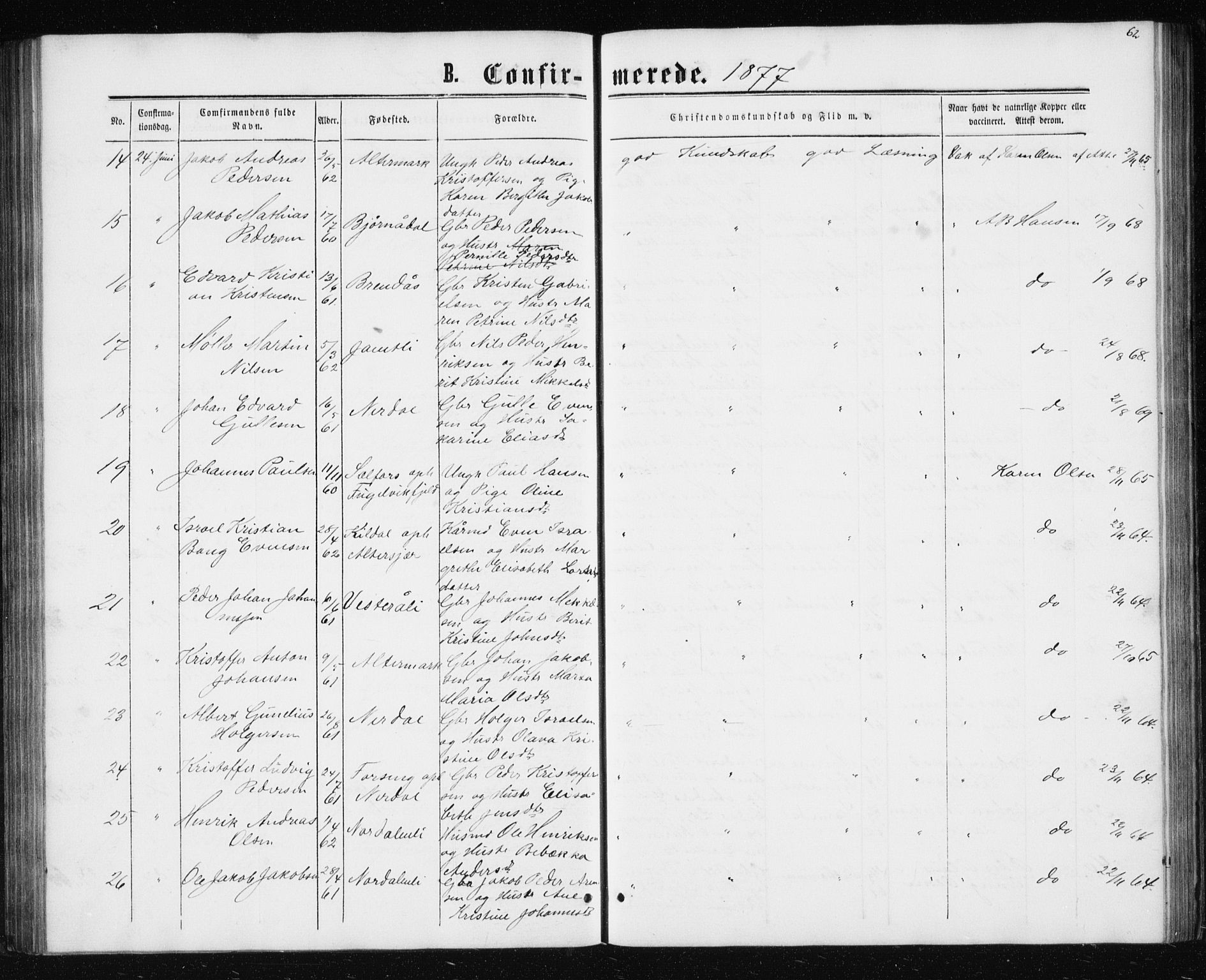 Ministerialprotokoller, klokkerbøker og fødselsregistre - Nordland, AV/SAT-A-1459/827/L0416: Parish register (copy) no. 827C05, 1865-1886, p. 62