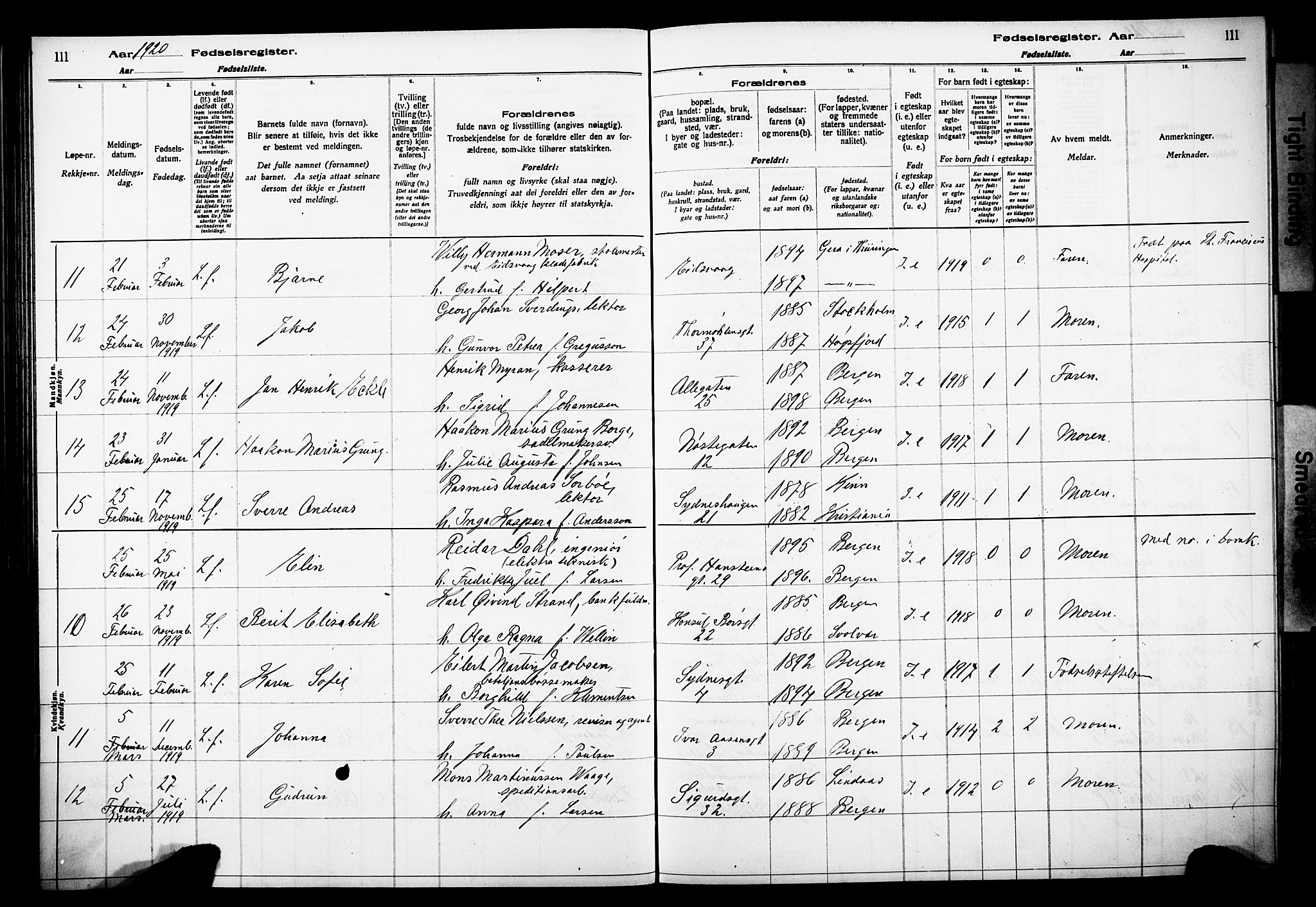 Johanneskirken sokneprestembete, AV/SAB-A-76001/I/Id/L00A1: Birth register no. A 1, 1916-1924, p. 111