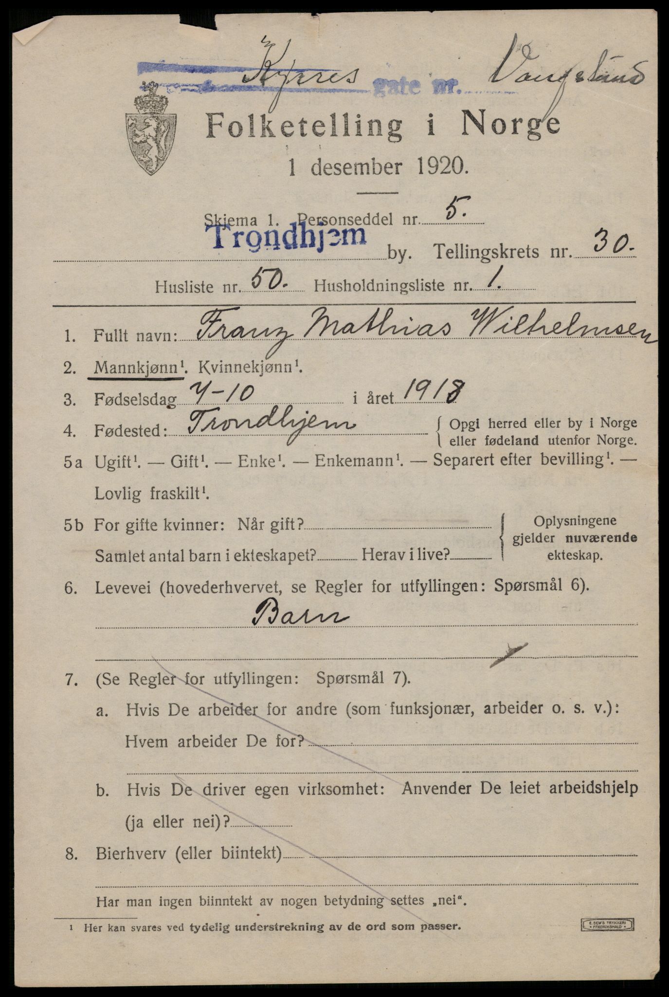 SAT, 1920 census for Trondheim, 1920, p. 76168