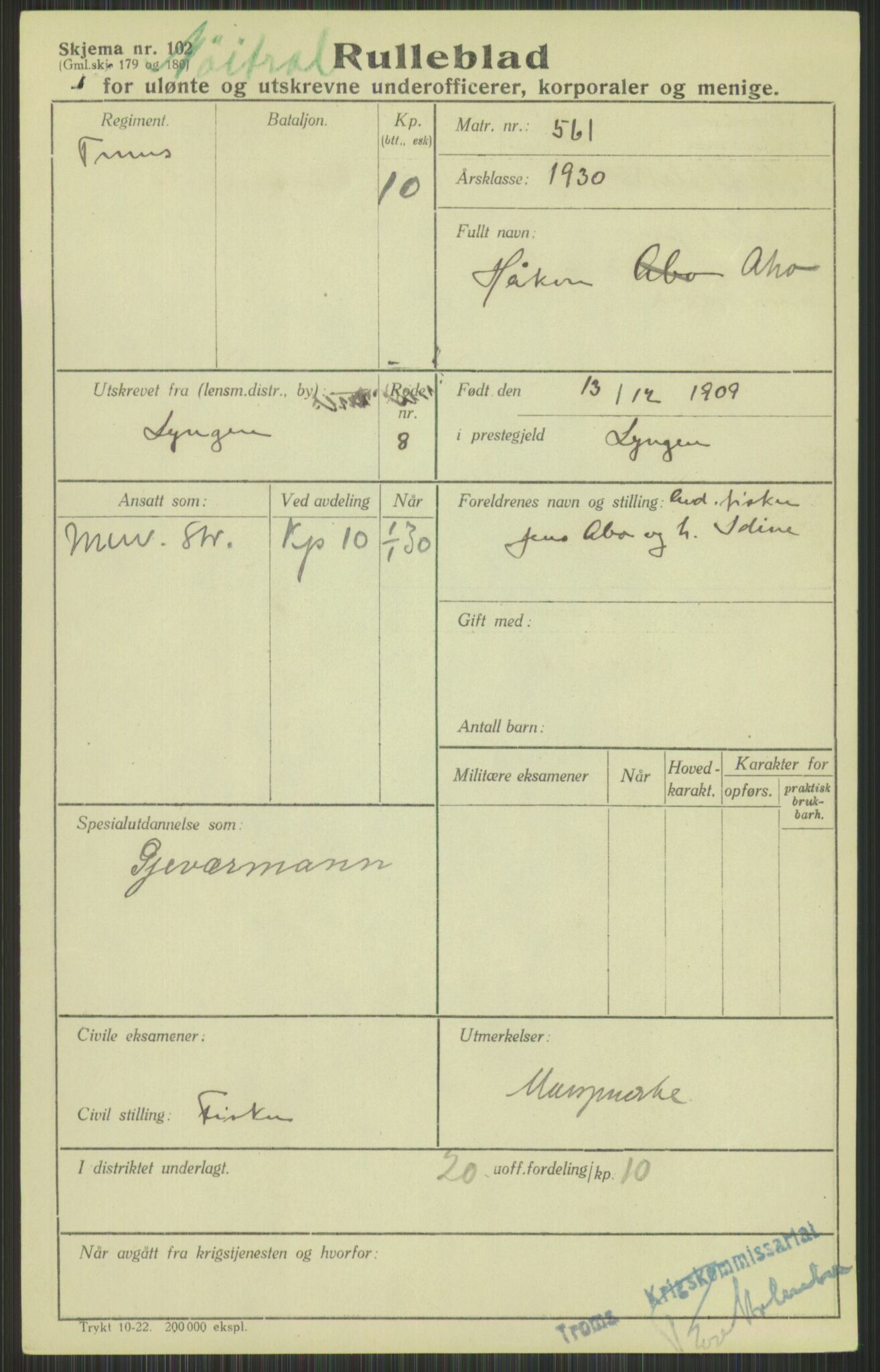 Forsvaret, Troms infanteriregiment nr. 16, AV/RA-RAFA-3146/P/Pa/L0014: Rulleblad for regimentets menige mannskaper, årsklasse 1930, 1930, p. 7