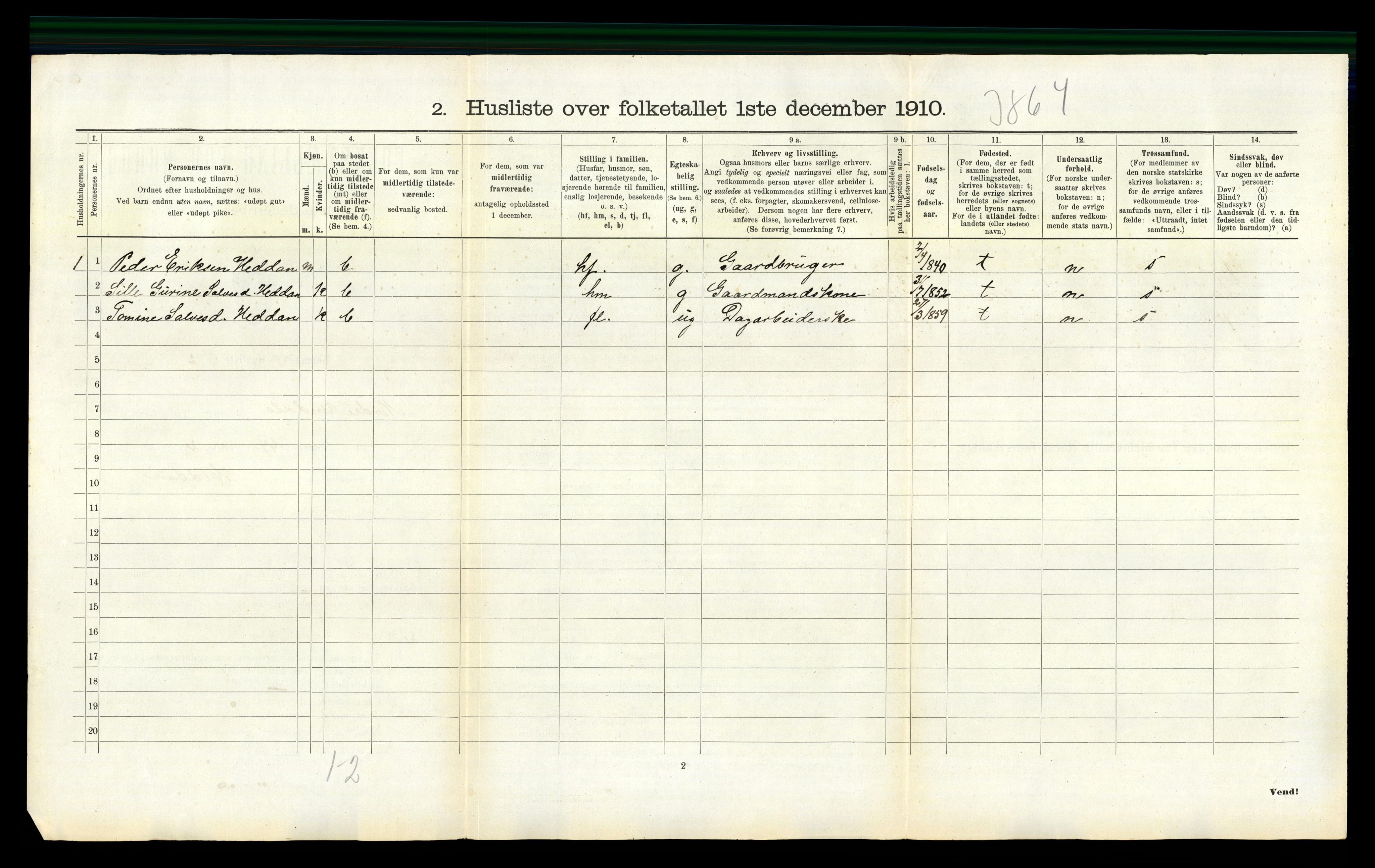 RA, 1910 census for Nord-Audnedal, 1910, p. 315