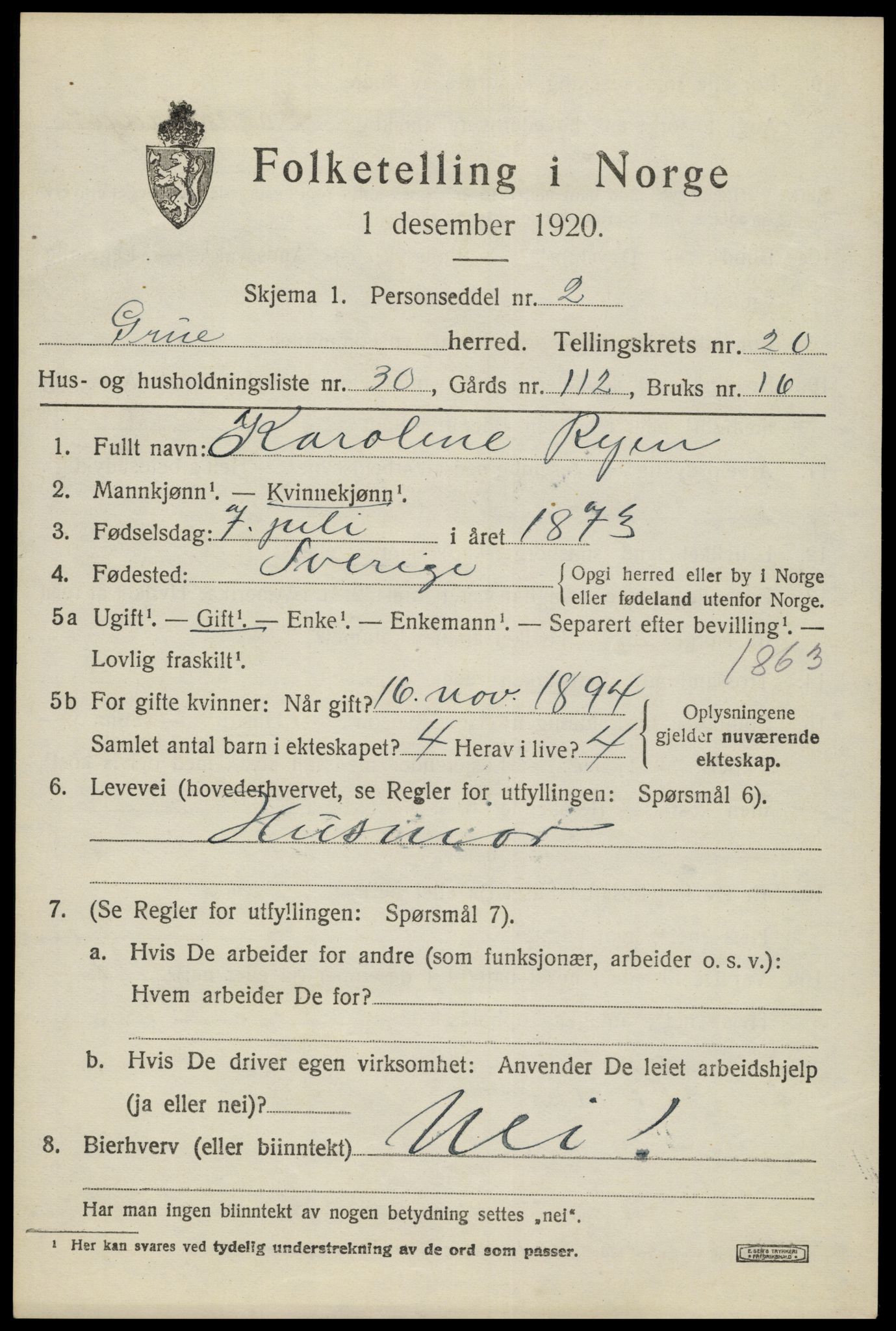 SAH, 1920 census for Grue, 1920, p. 15275