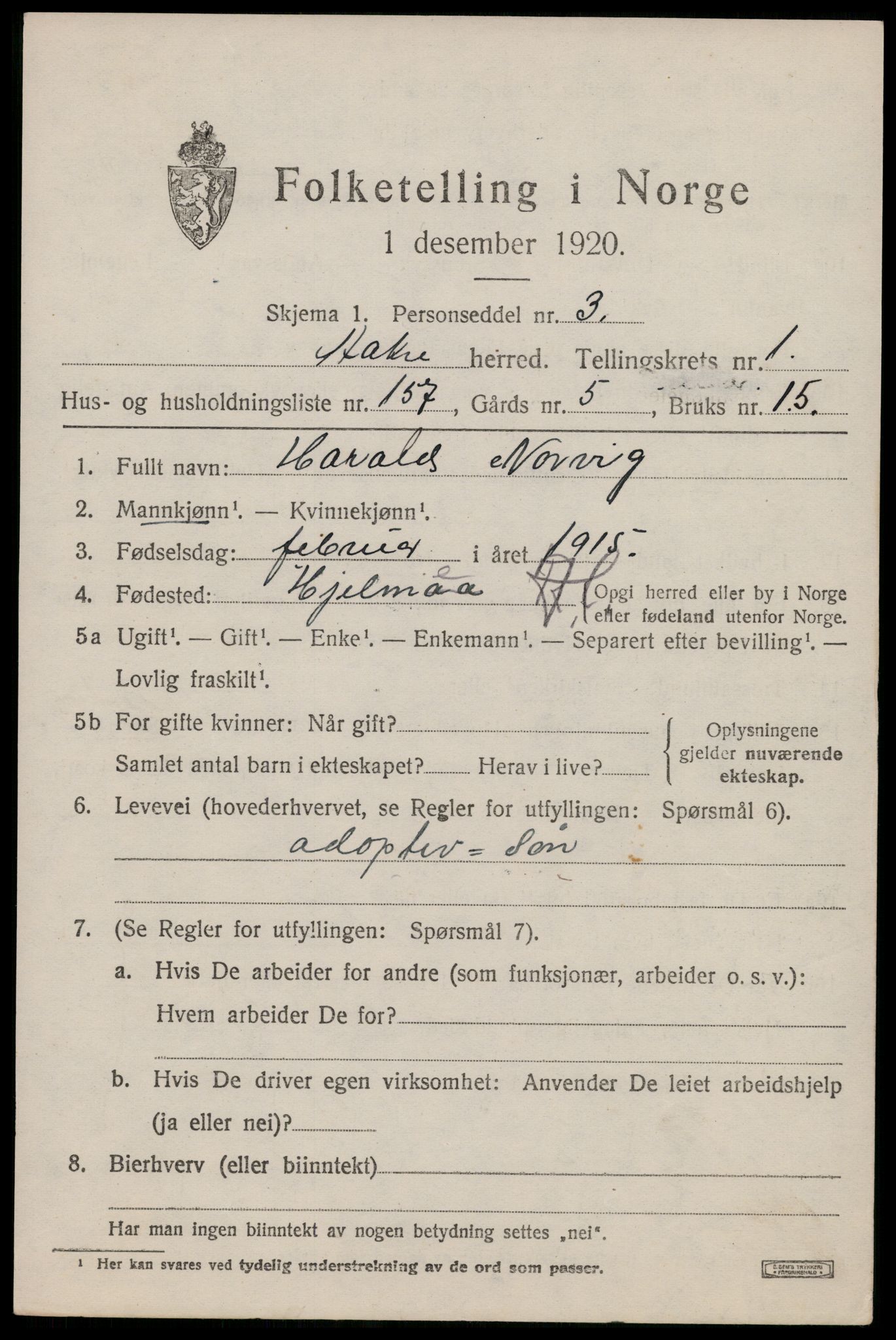 SAST, 1920 census for Åkra, 1920, p. 2940