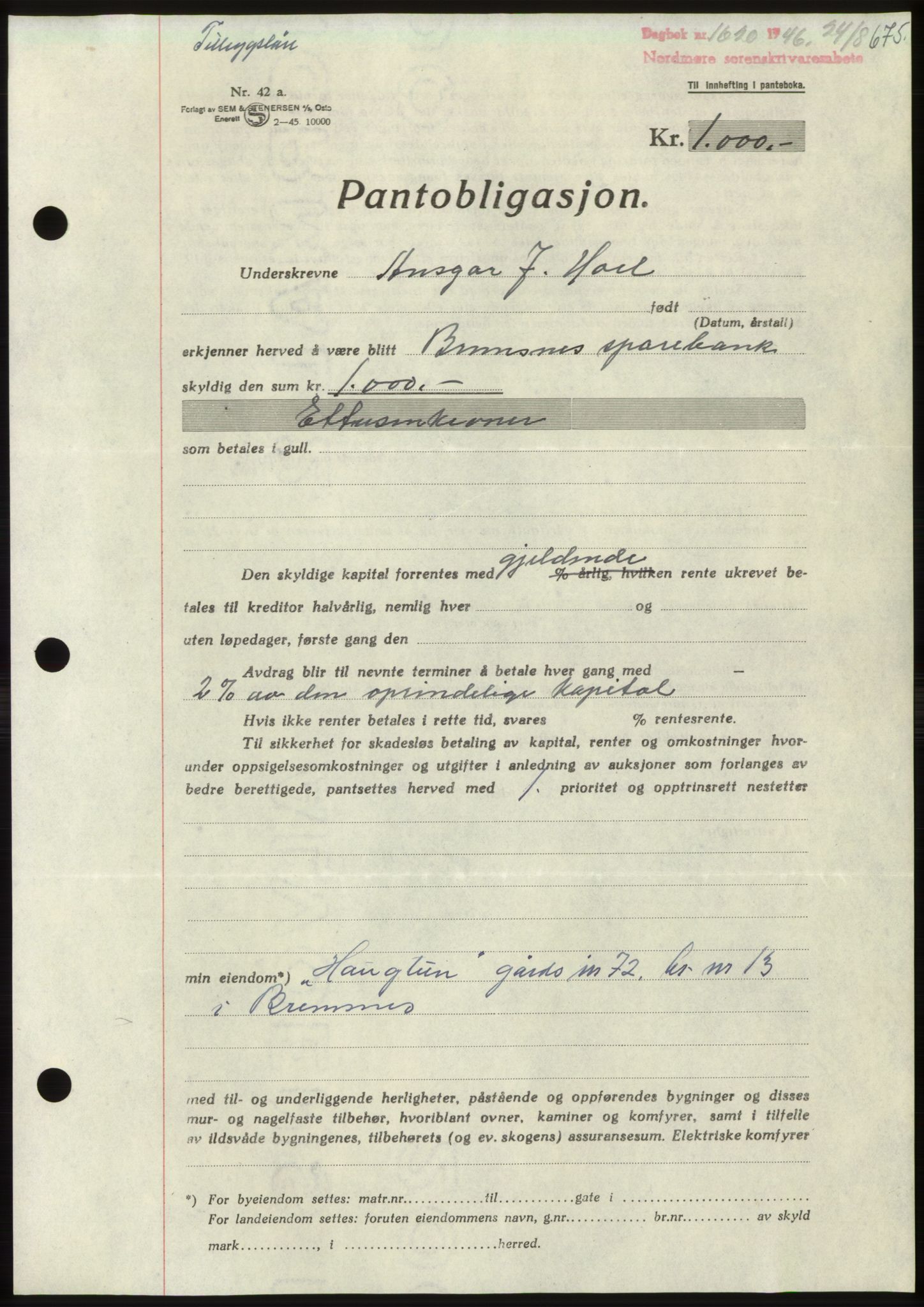 Nordmøre sorenskriveri, AV/SAT-A-4132/1/2/2Ca: Mortgage book no. B94, 1946-1946, Diary no: : 1620/1946