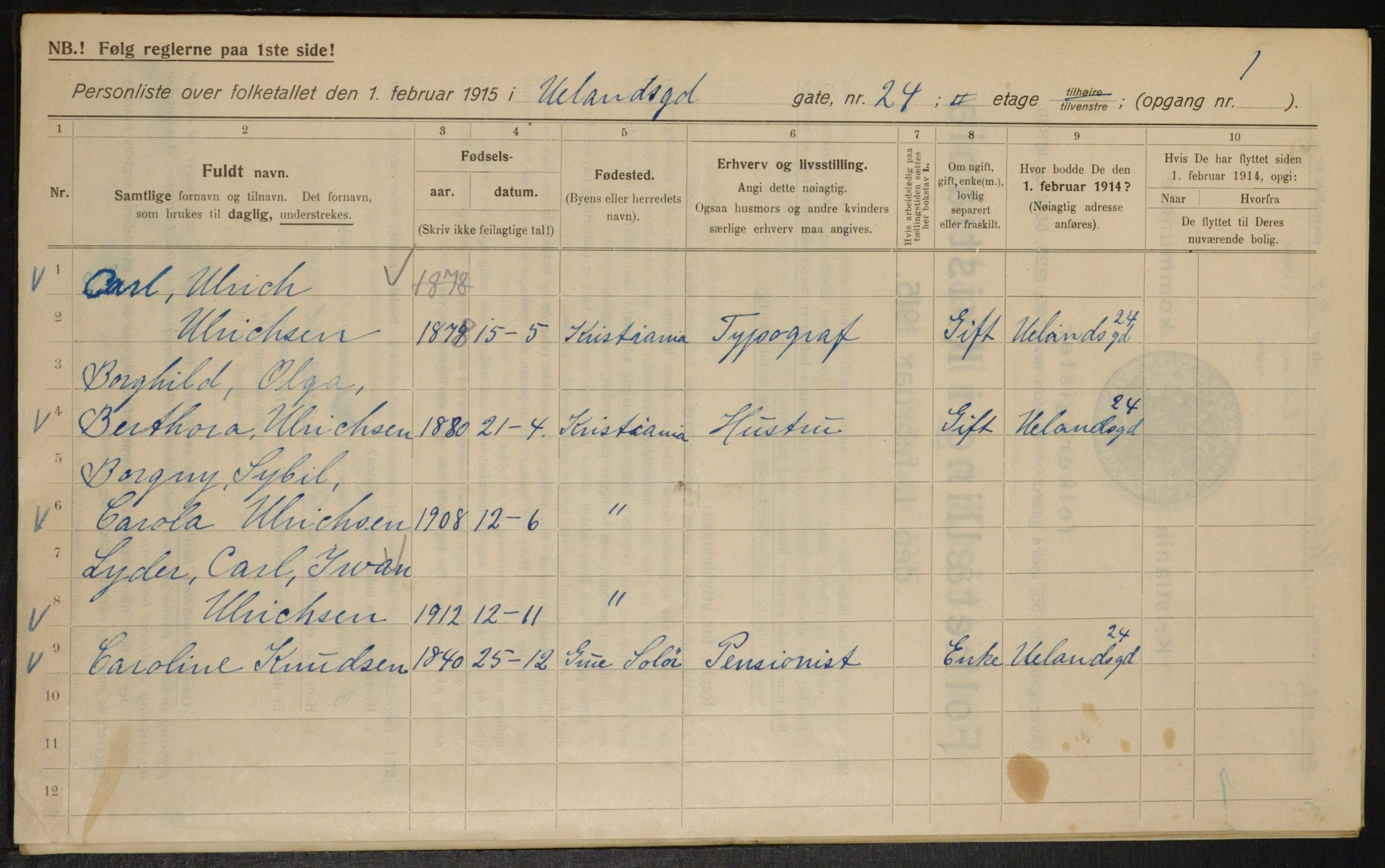 OBA, Municipal Census 1915 for Kristiania, 1915, p. 119130