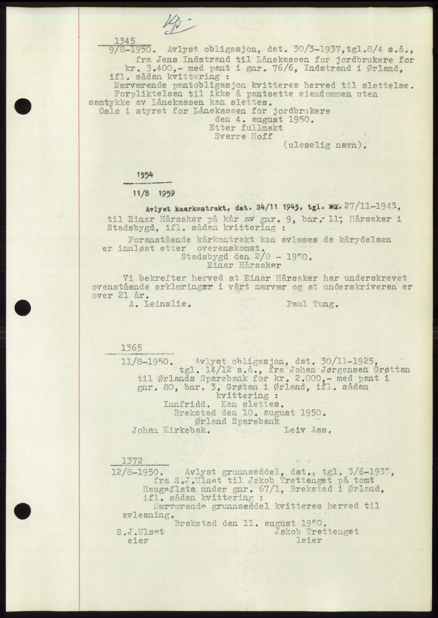 Fosen sorenskriveri, AV/SAT-A-1107/1/2/2C: Mortgage book no. B3, 1948-1950, Diary no: : 1345/1950