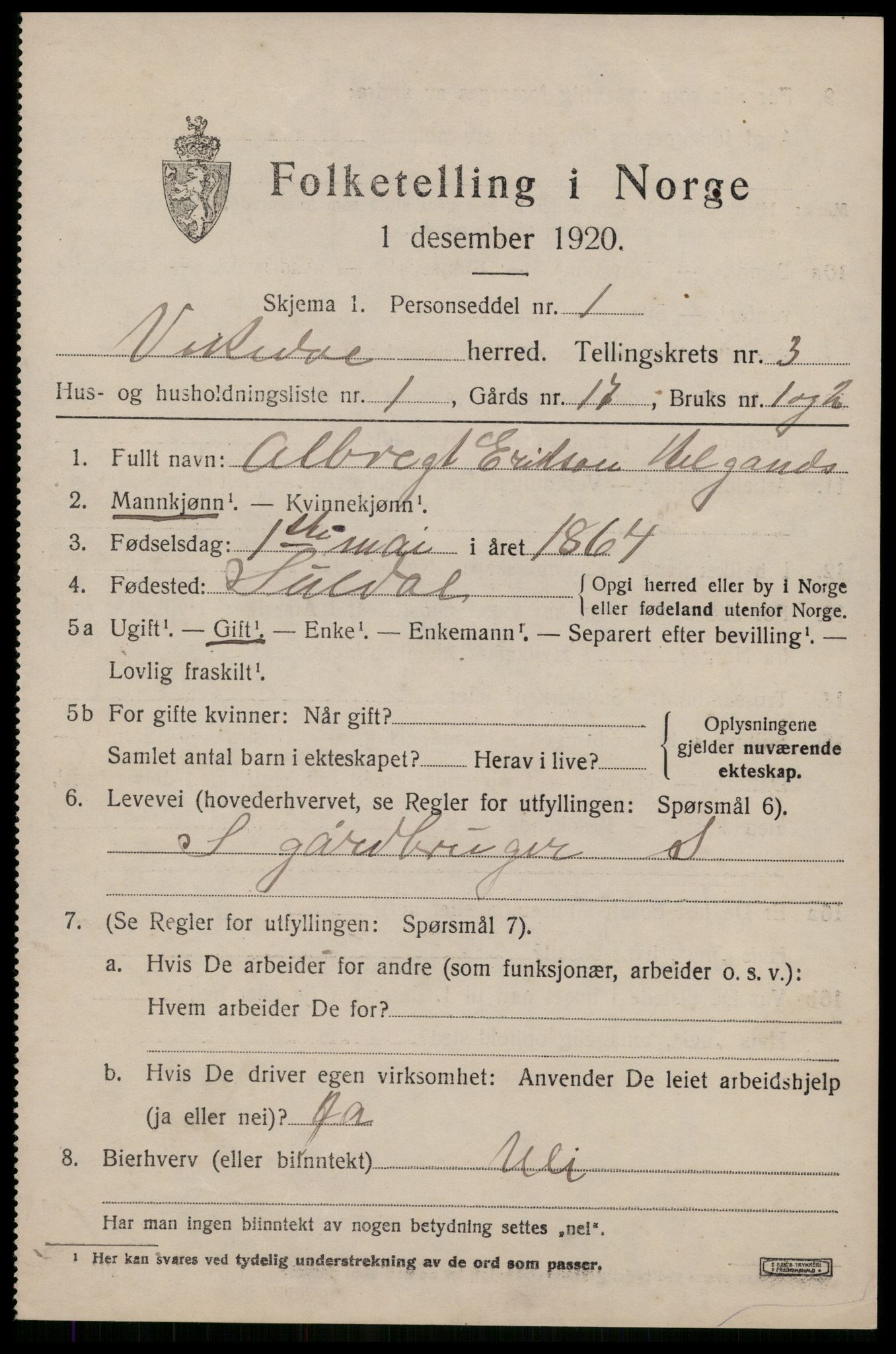 SAST, 1920 census for Vikedal, 1920, p. 1823