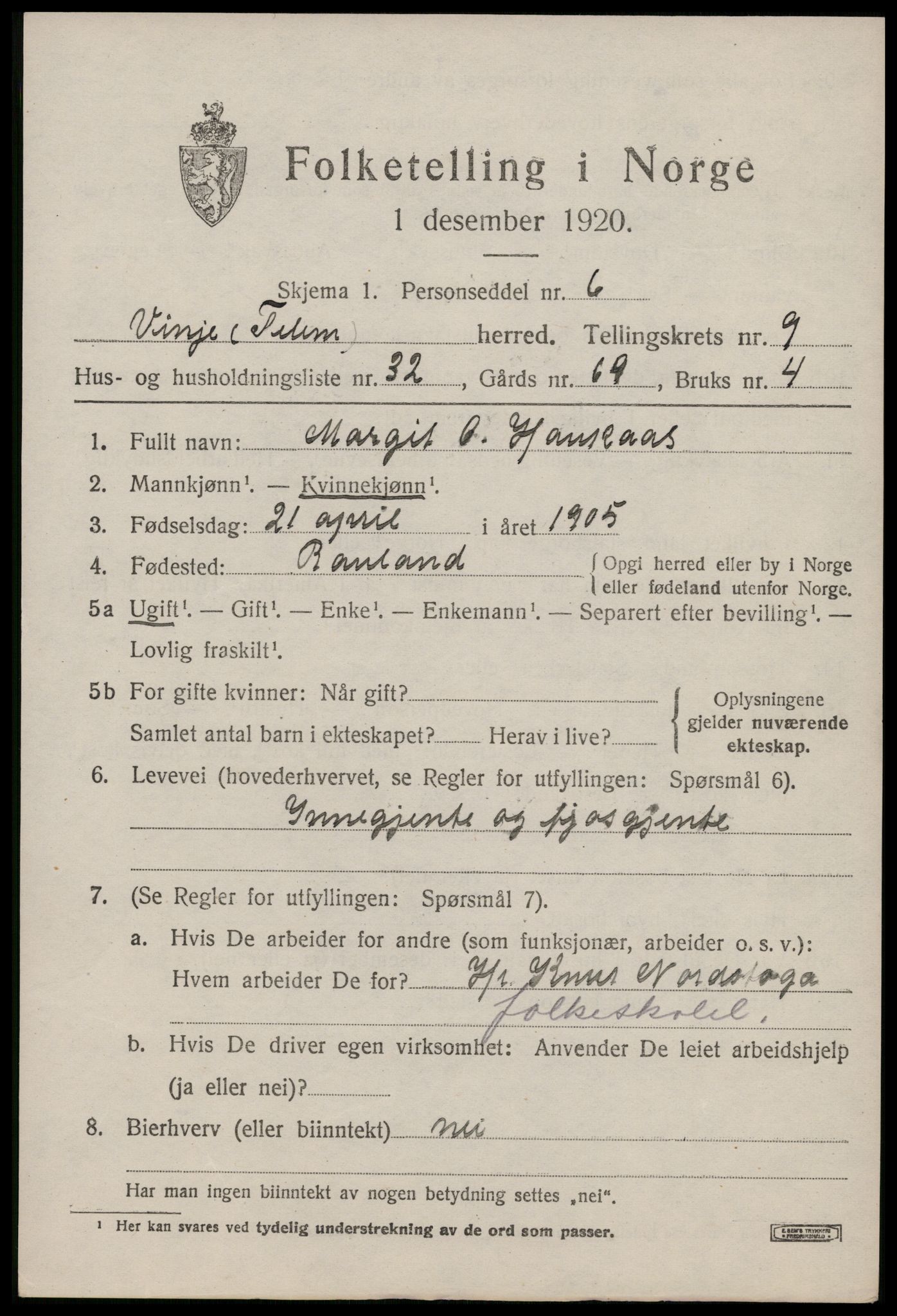 SAKO, 1920 census for Vinje, 1920, p. 2977