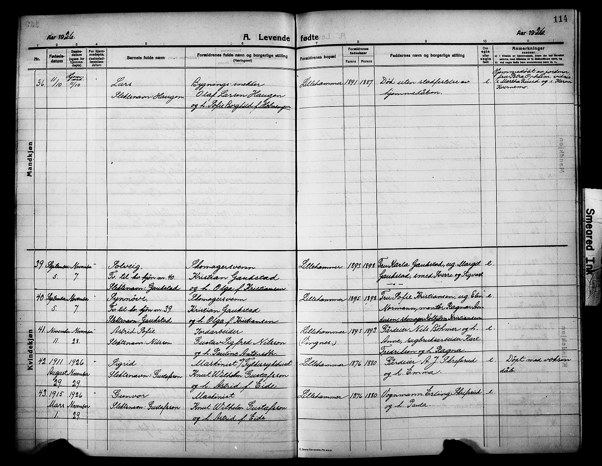 Lillehammer prestekontor, SAH/PREST-088/H/Ha/Hab/L0002: Parish register (copy) no. 2, 1913-1929, p. 114