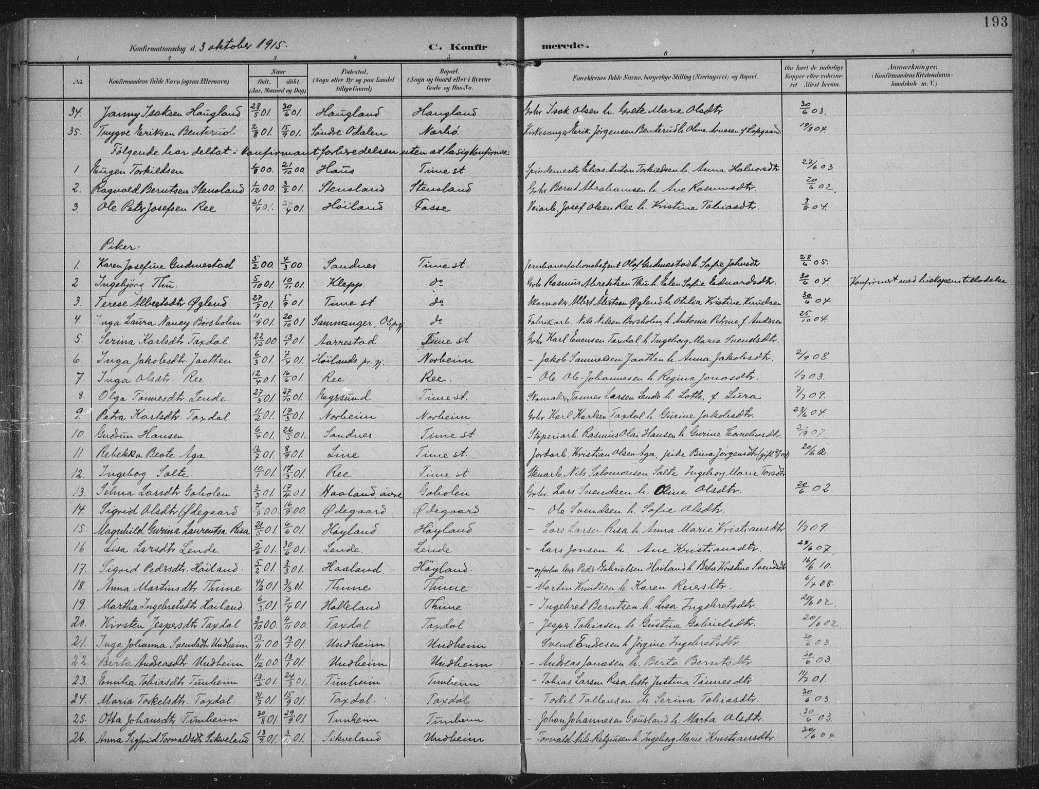 Lye sokneprestkontor, SAST/A-101794/002/A/L0001: Parish register (official) no. A 12, 1904-1920, p. 193