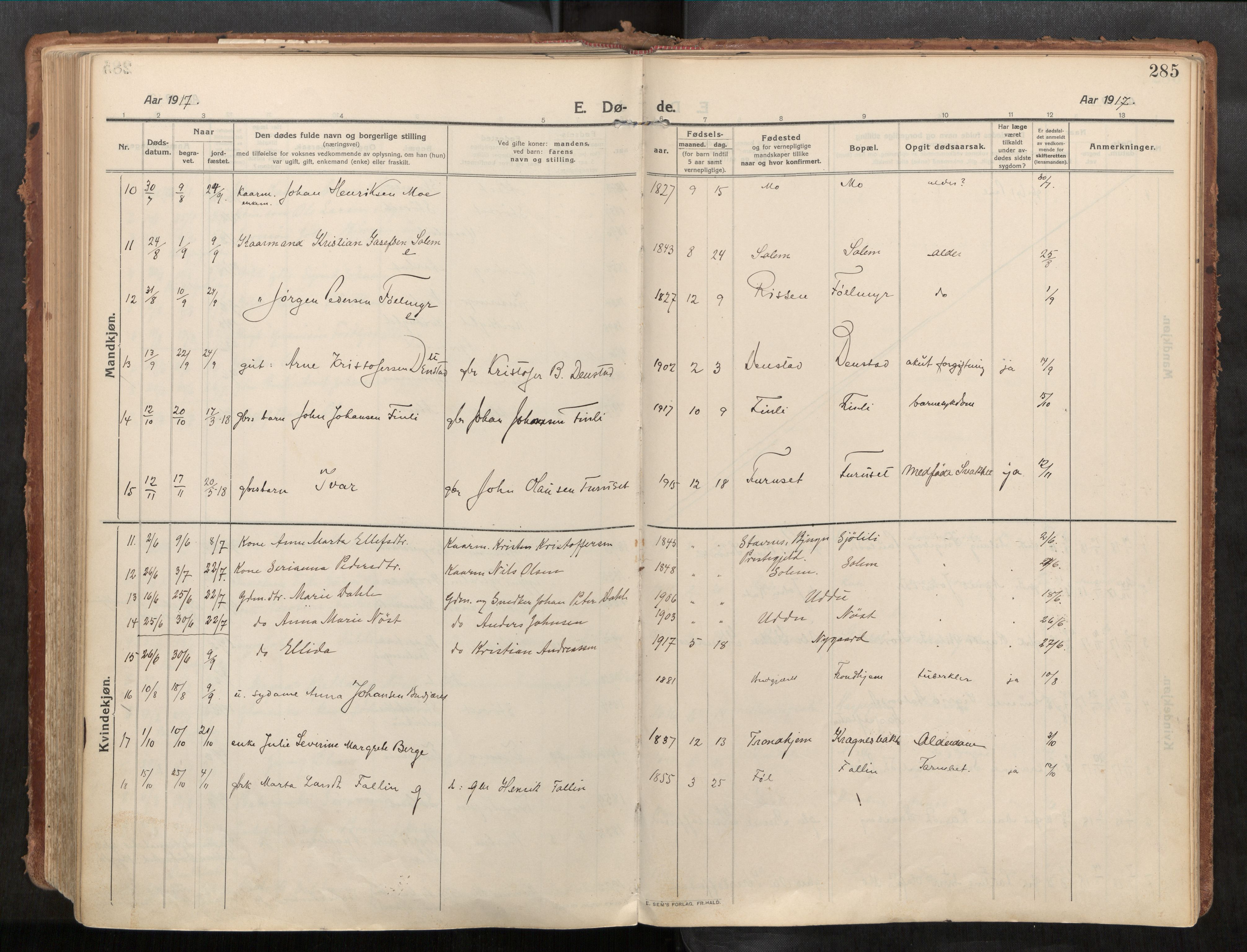Stadsbygd sokneprestkontor, SAT/A-1117/1/I/I1/I1a/L0001: Parish register (official) no. 1, 1911-1929, p. 285