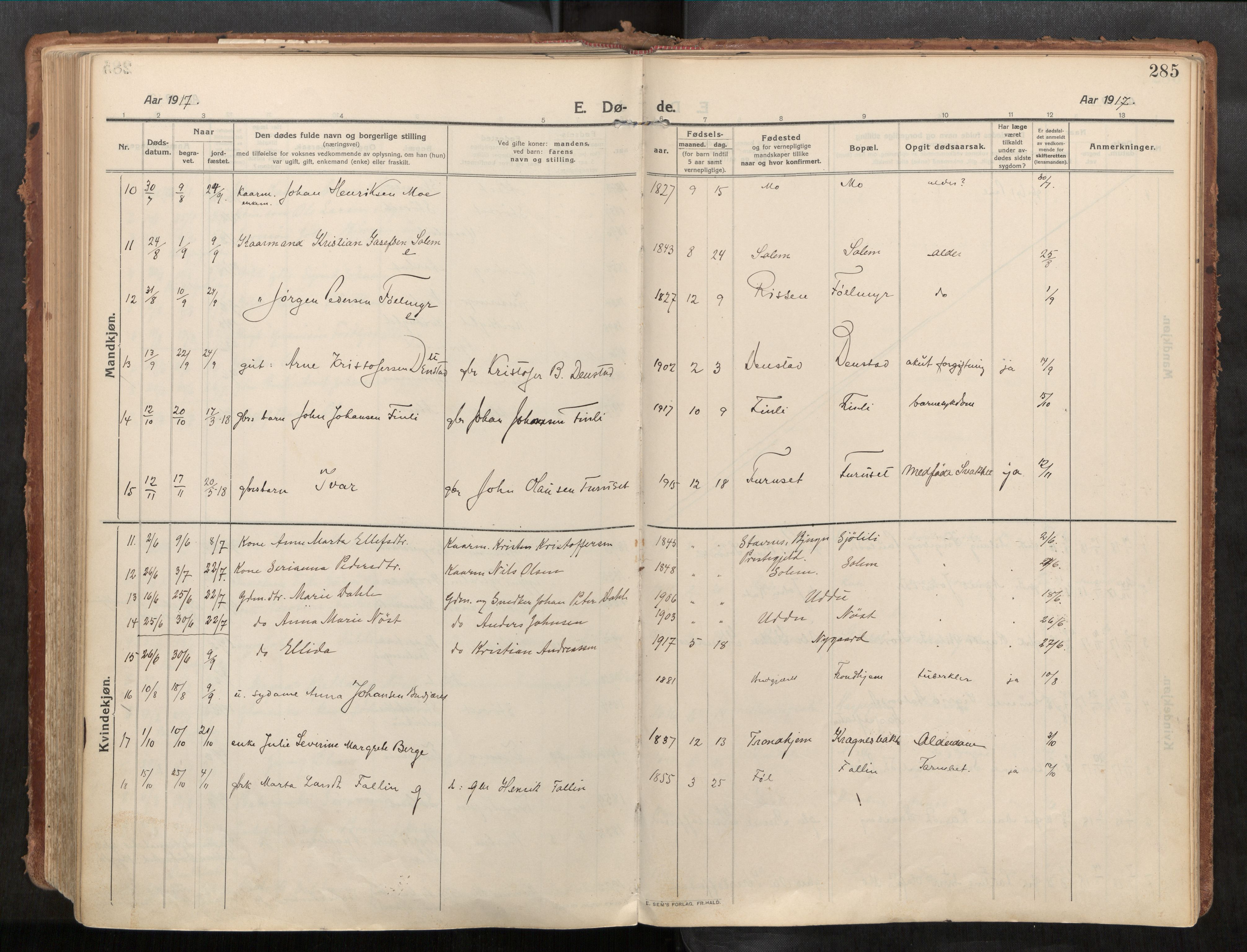 Stadsbygd sokneprestkontor, AV/SAT-A-1117/1/I/I1/I1a/L0001: Parish register (official) no. 1, 1911-1929, p. 285