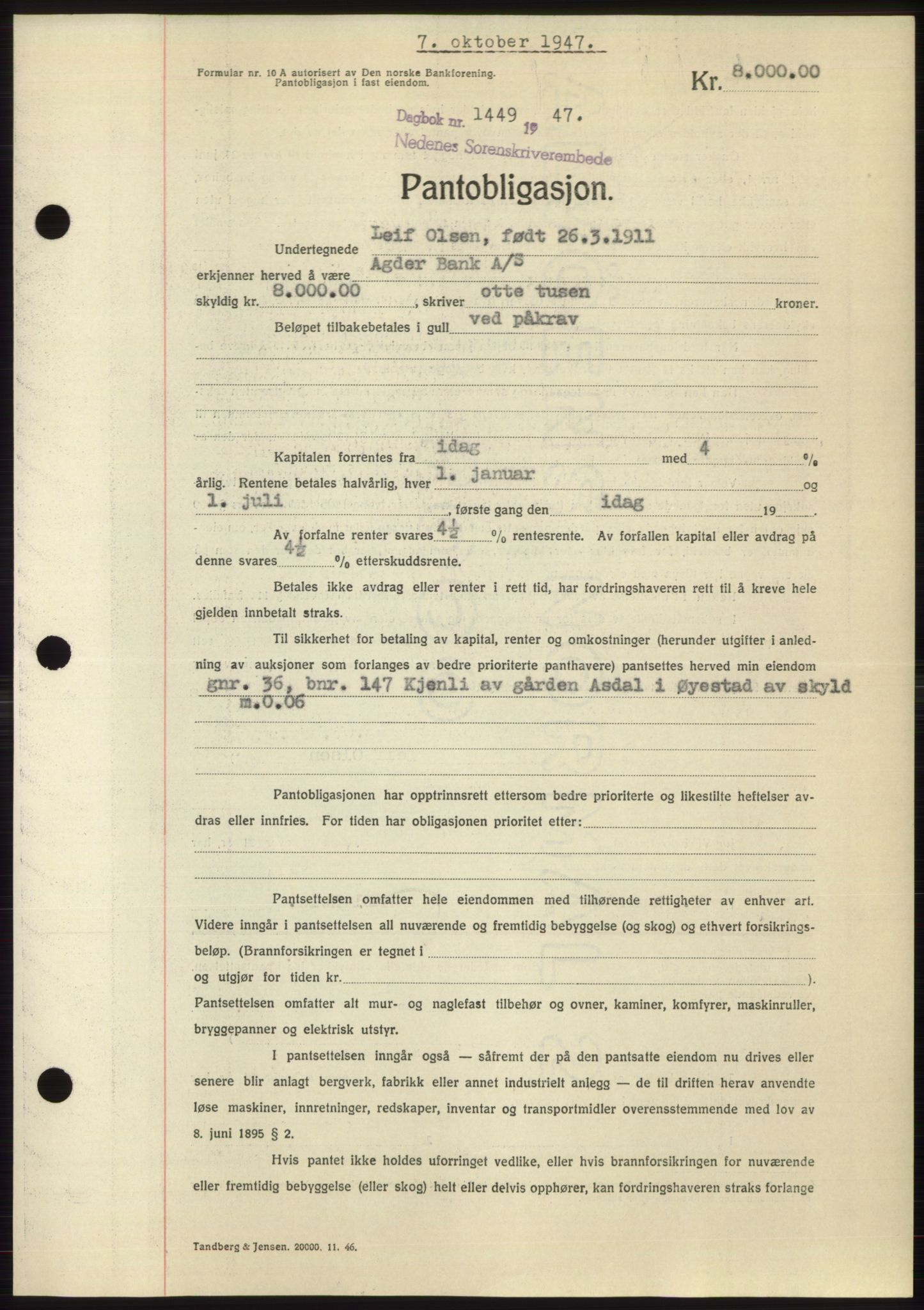 Nedenes sorenskriveri, AV/SAK-1221-0006/G/Gb/Gbb/L0004: Mortgage book no. B4, 1947-1947, Diary no: : 1449/1947