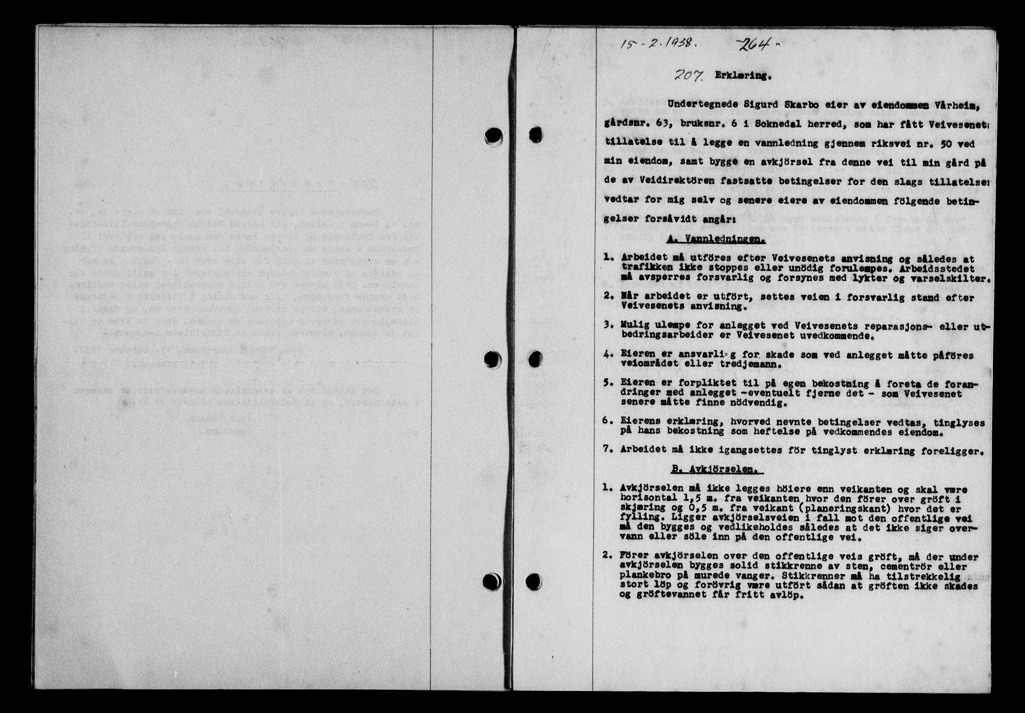 Gauldal sorenskriveri, SAT/A-0014/1/2/2C/L0048: Mortgage book no. 51-52, 1937-1938, p. 264, Diary no: : 207/1938