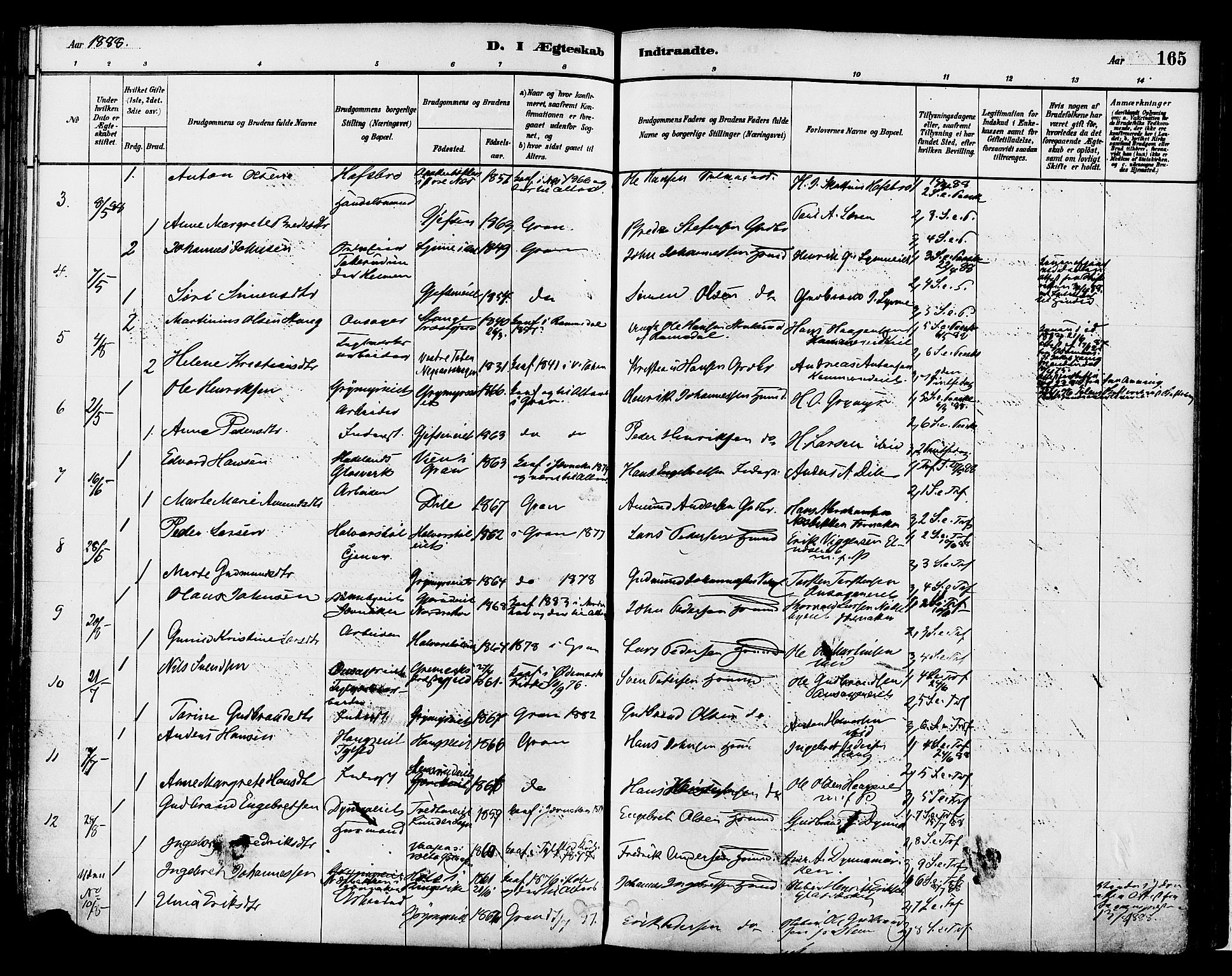 Gran prestekontor, SAH/PREST-112/H/Ha/Haa/L0014: Parish register (official) no. 14, 1880-1889, p. 165