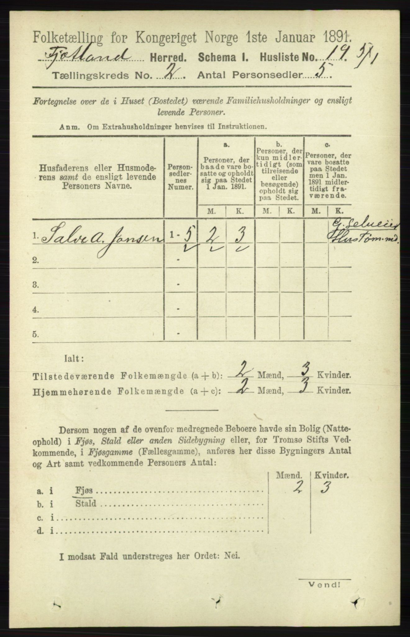 RA, 1891 census for 1036 Fjotland, 1891, p. 229