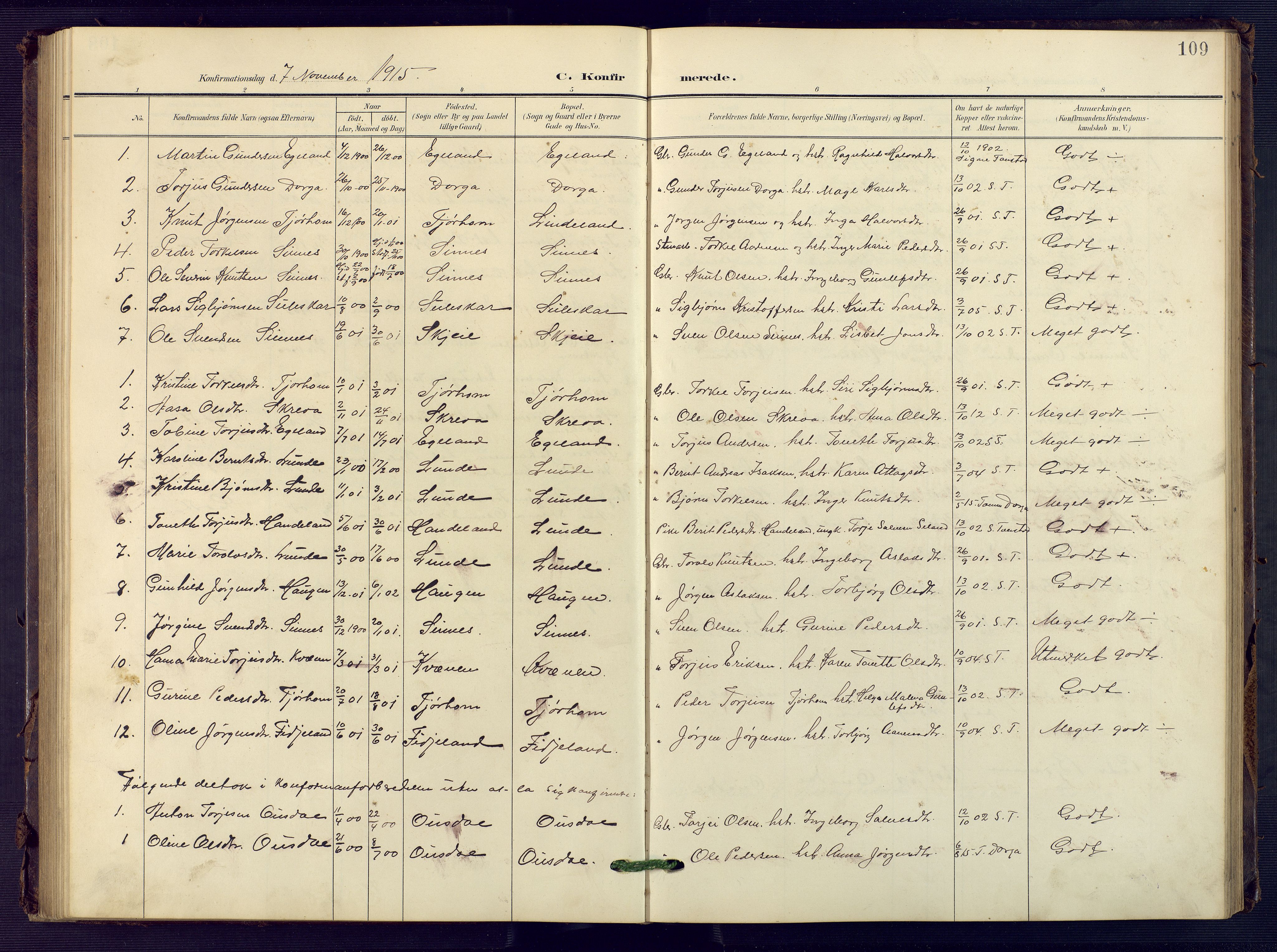Sirdal sokneprestkontor, SAK/1111-0036/F/Fb/Fba/L0002: Parish register (copy) no. B 2, 1905-1958, p. 109