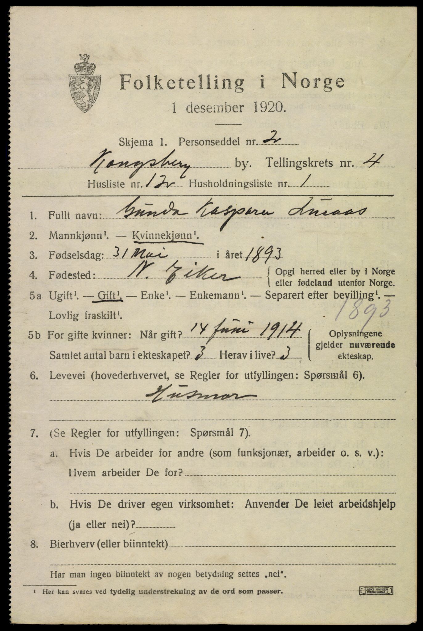 SAKO, 1920 census for Kongsberg, 1920, p. 11134