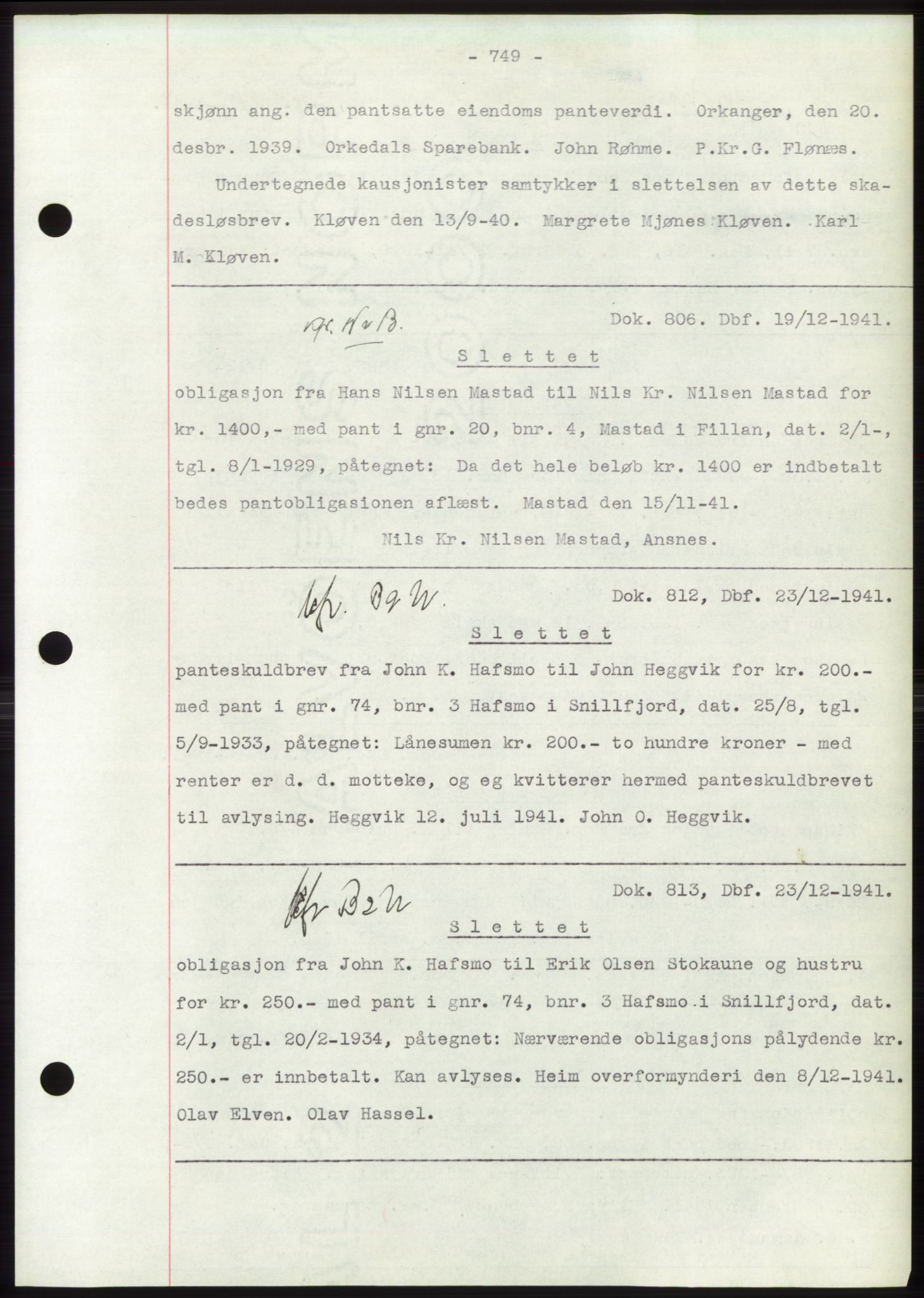 Hitra sorenskriveri, AV/SAT-A-0018/2/2C/2Ca: Mortgage book no. C1, 1936-1945, Diary no: : 806/1941