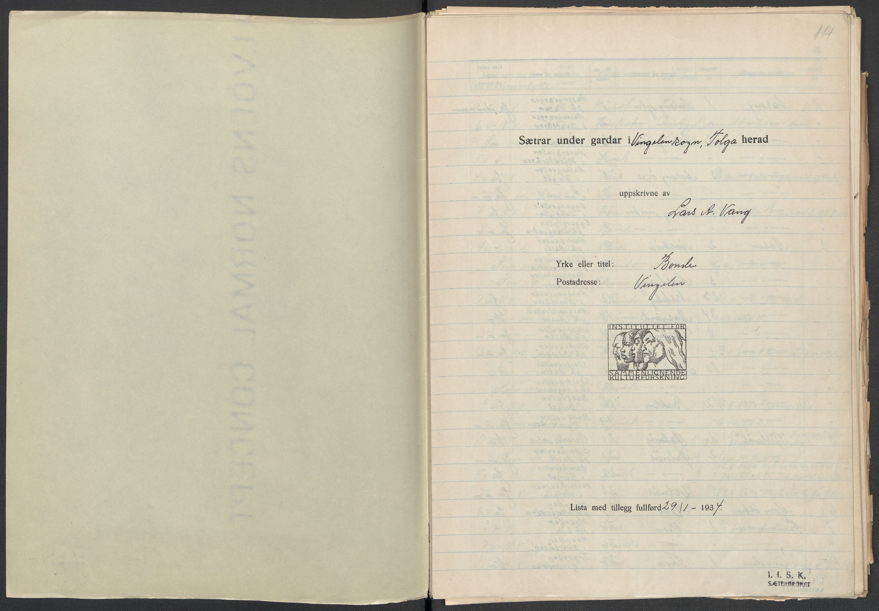 Instituttet for sammenlignende kulturforskning, AV/RA-PA-0424/F/Fc/L0003/0003: Eske B3: / Hedmark (perm VI), 1933-1939, p. 114
