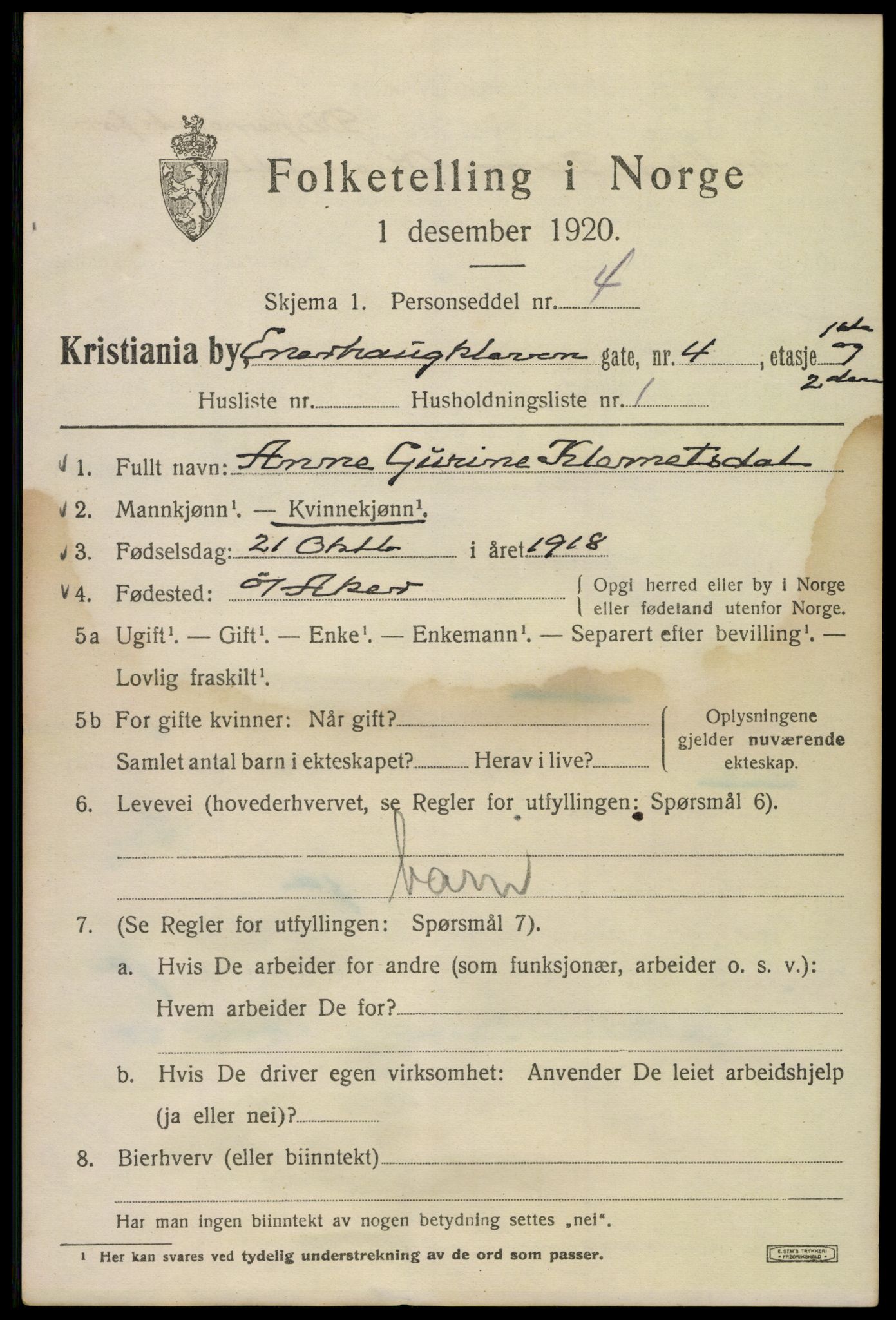 SAO, 1920 census for Kristiania, 1920, p. 218345